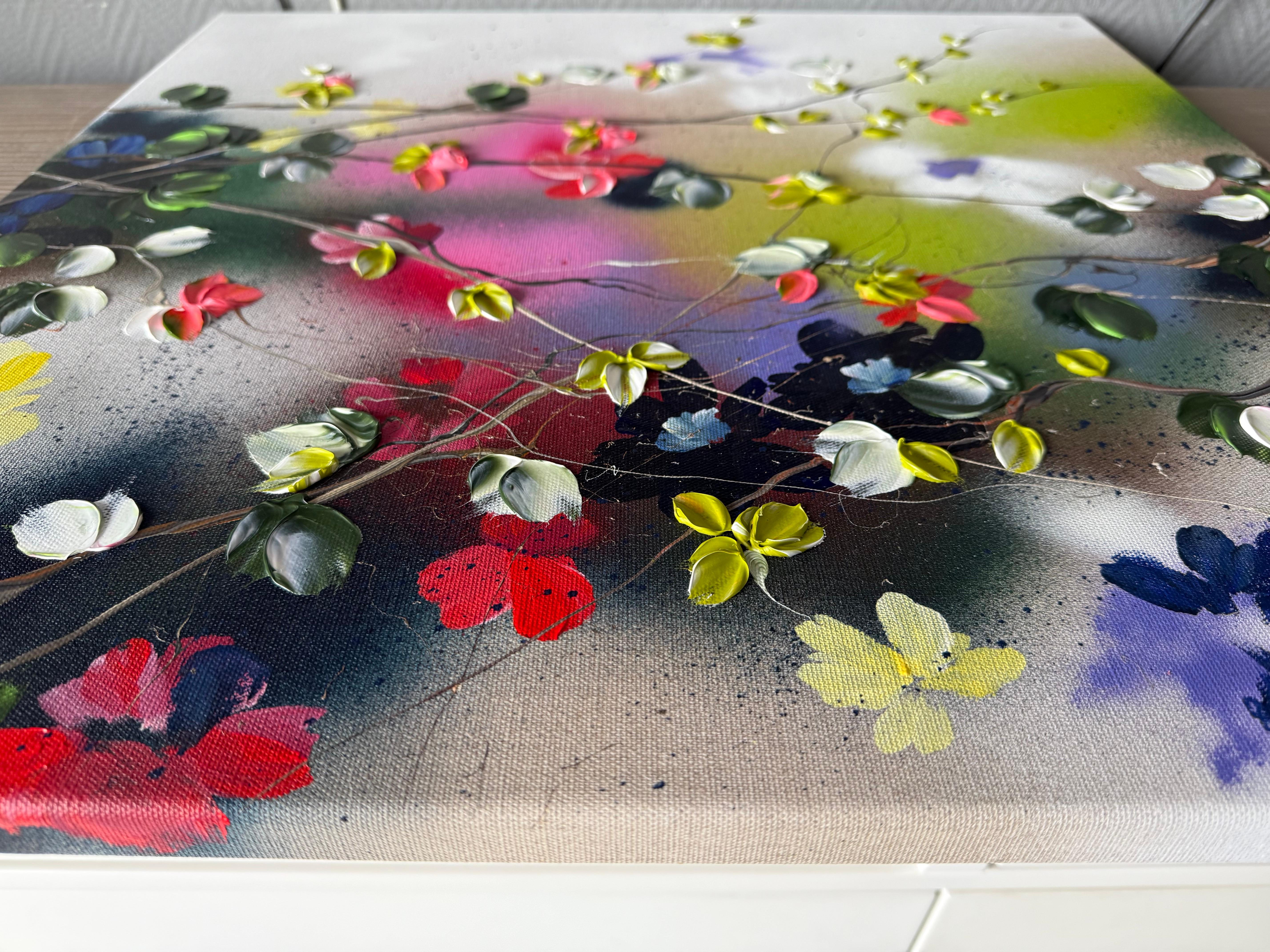 Satori Blooms II -  impressionistic painting on linen canvas with 3d roses For Sale 13