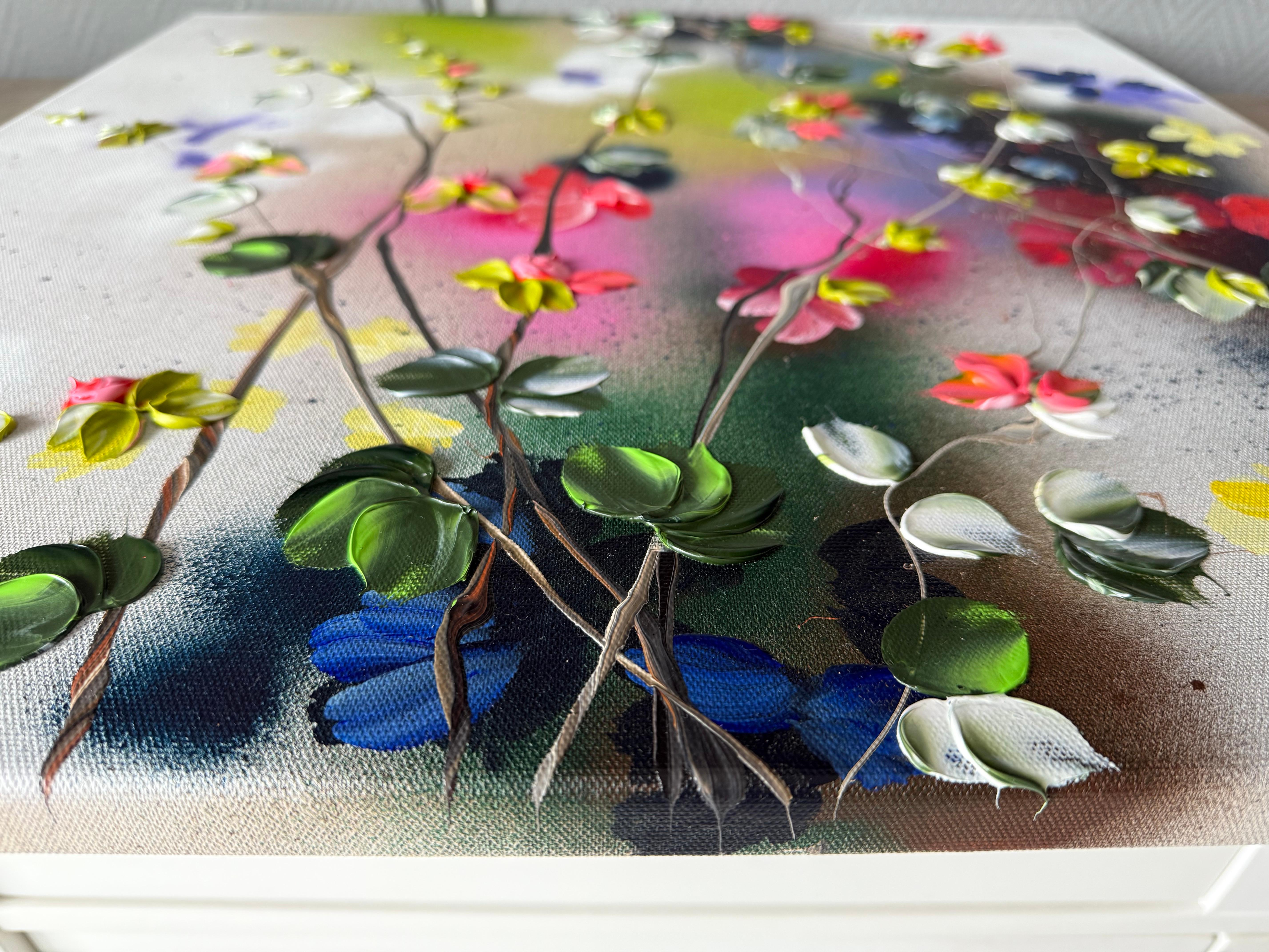 Satori Blooms II -  impressionistic painting on linen canvas with 3d roses For Sale 14