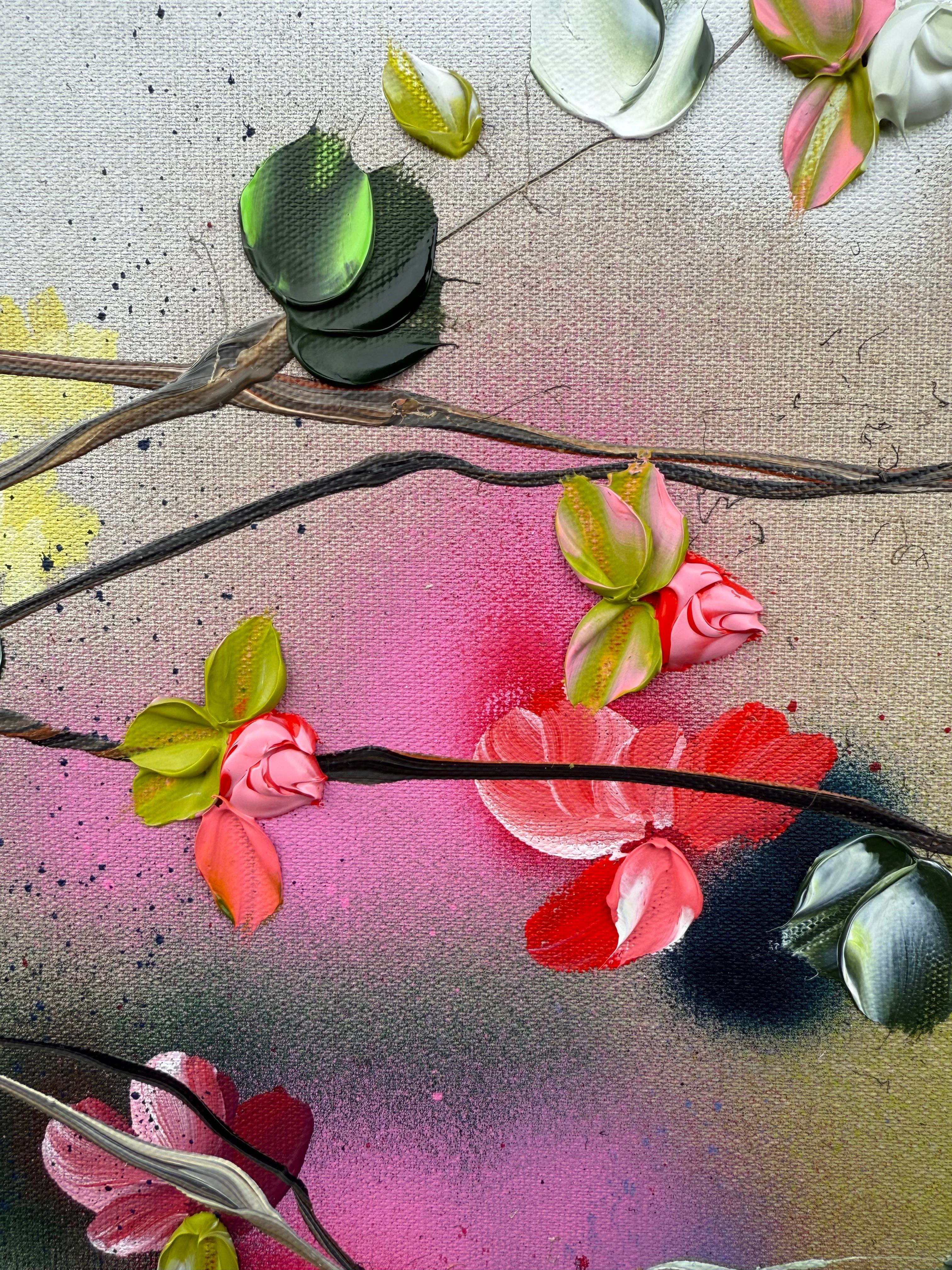 Satori Blooms II -  impressionistic painting on linen canvas with 3d roses - Painting by Anastassia Skopp