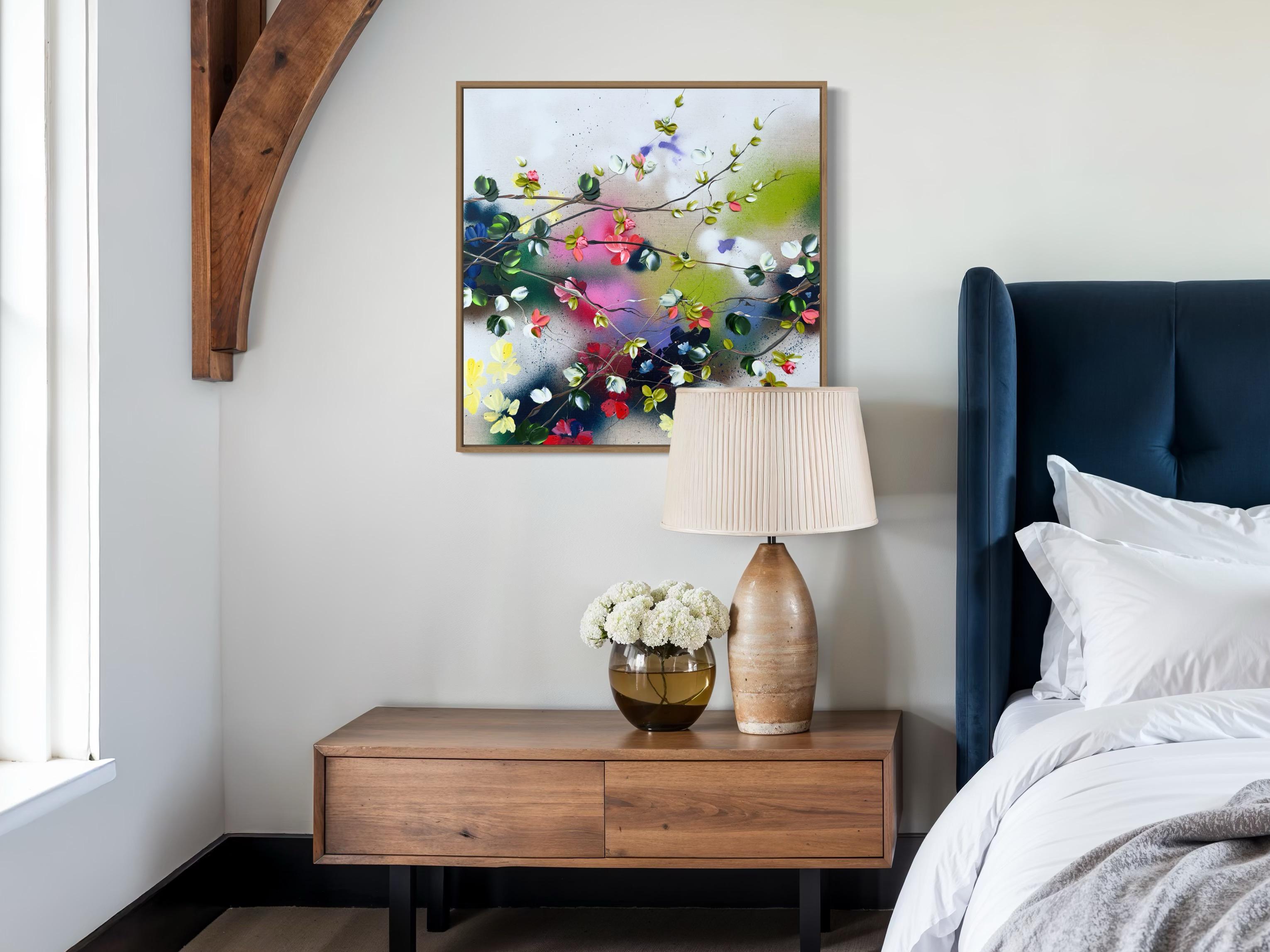 Satori Blooms II -  impressionistic painting on linen canvas with 3d roses For Sale 15