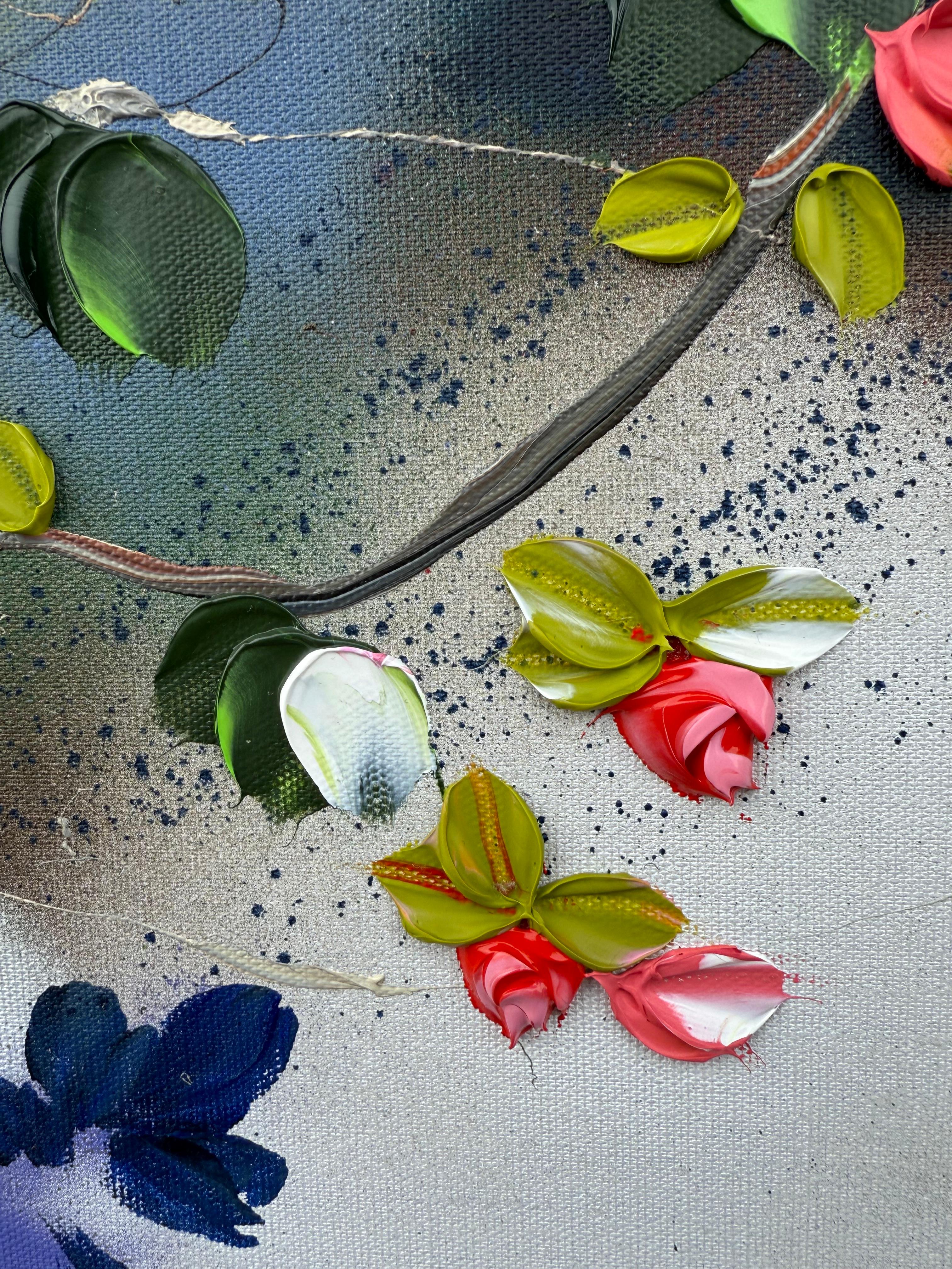Satori Blooms II -  impressionistic painting on linen canvas with 3d roses - Abstract Impressionist Painting by Anastassia Skopp