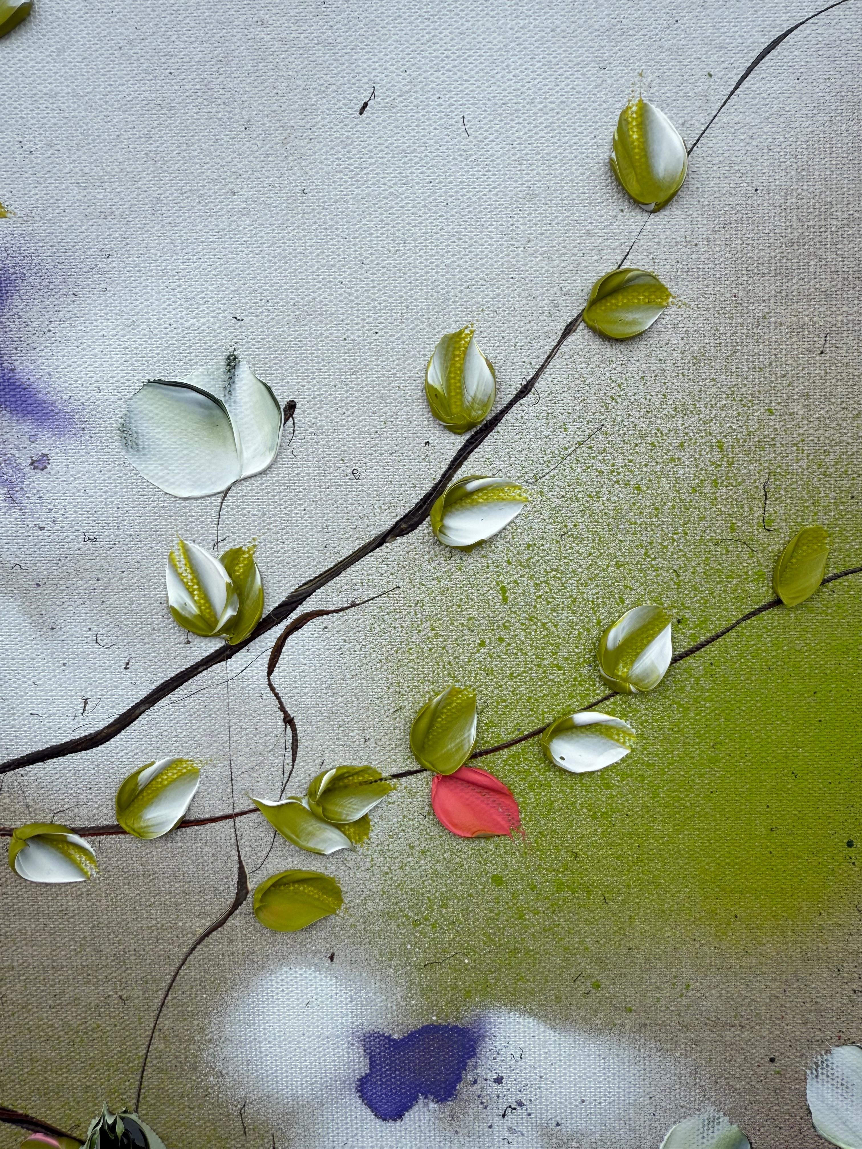 Satori Blooms II -  impressionistic painting on linen canvas with 3d roses - Gray Abstract Painting by Anastassia Skopp