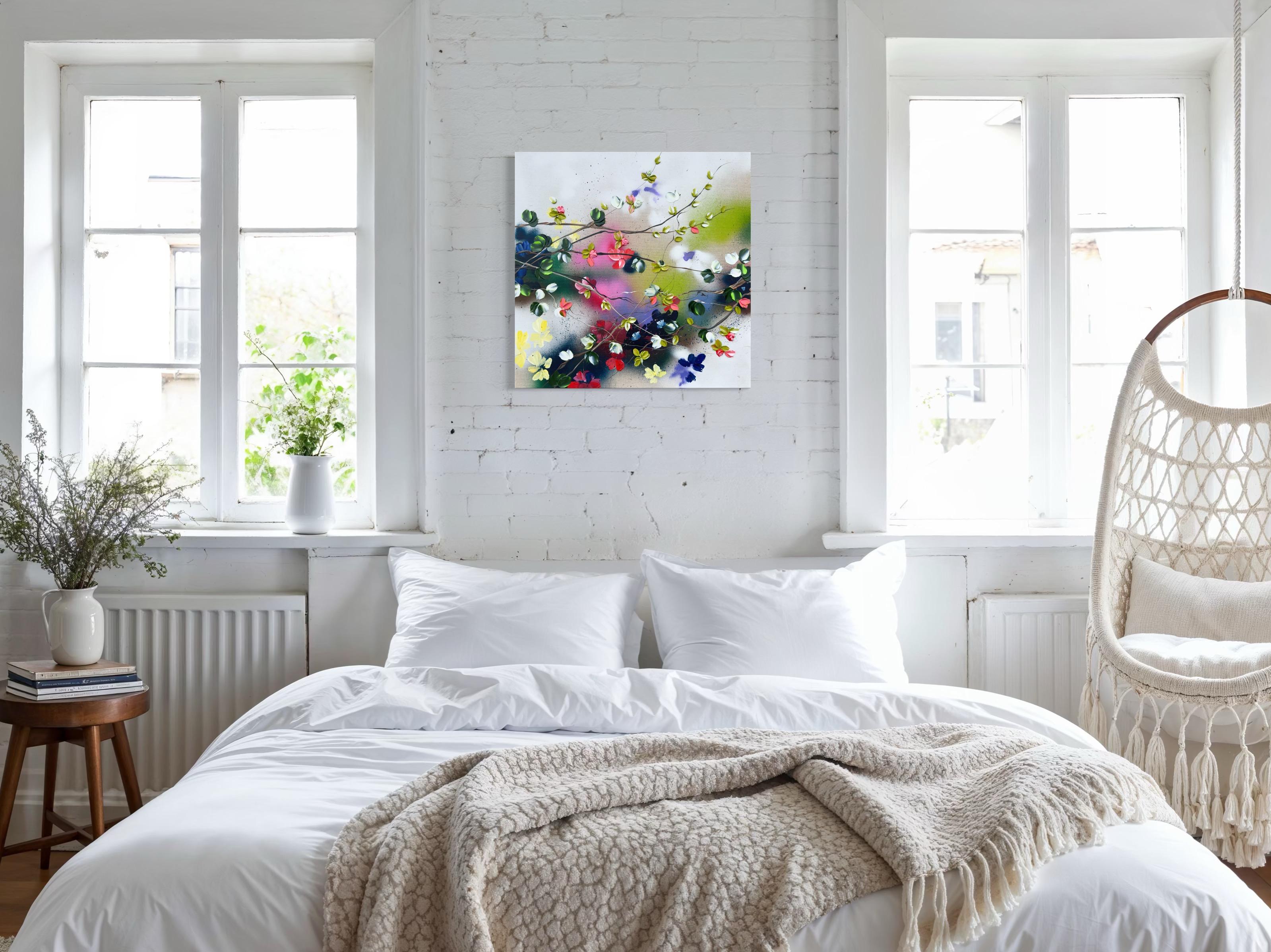 Satori Blooms II -  impressionistic painting on linen canvas with 3d roses For Sale 1