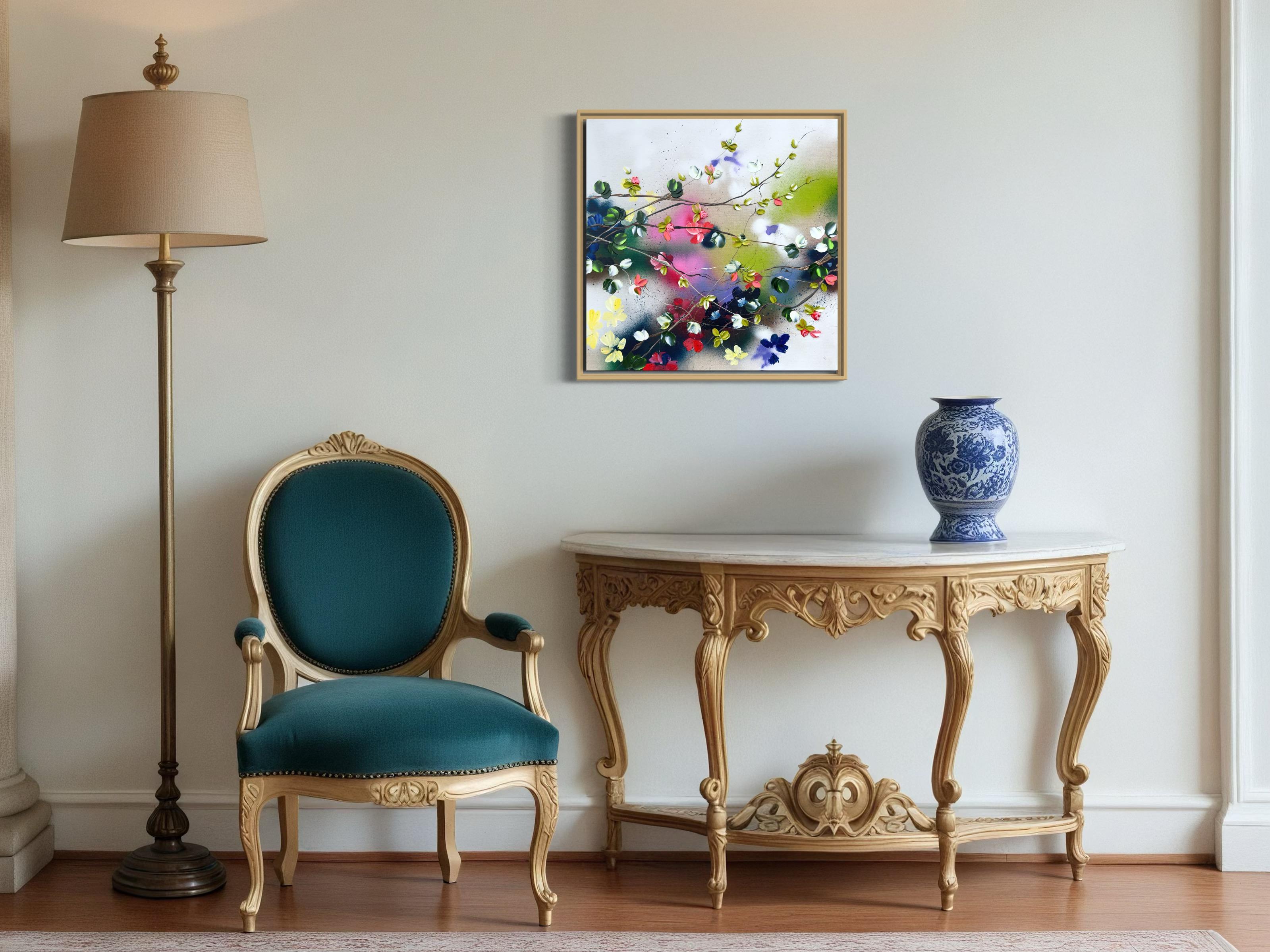 Satori Blooms II -  impressionistic painting on linen canvas with 3d roses For Sale 2