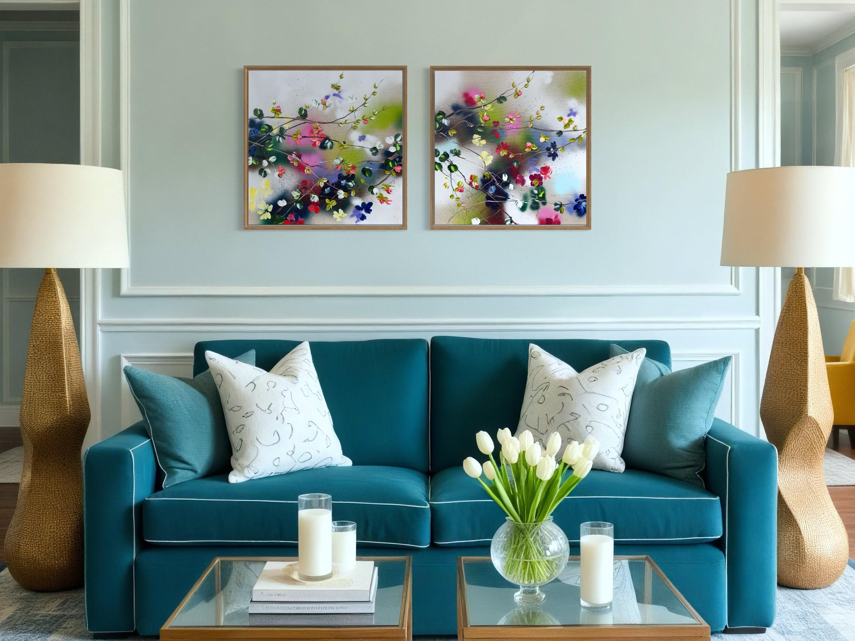 Satori Blooms II -  impressionistic painting on linen canvas with 3d roses For Sale 3