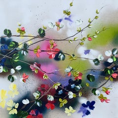 Satori Florece II -  pintura impresionista sobre lienzo de lino con rosas en 3d