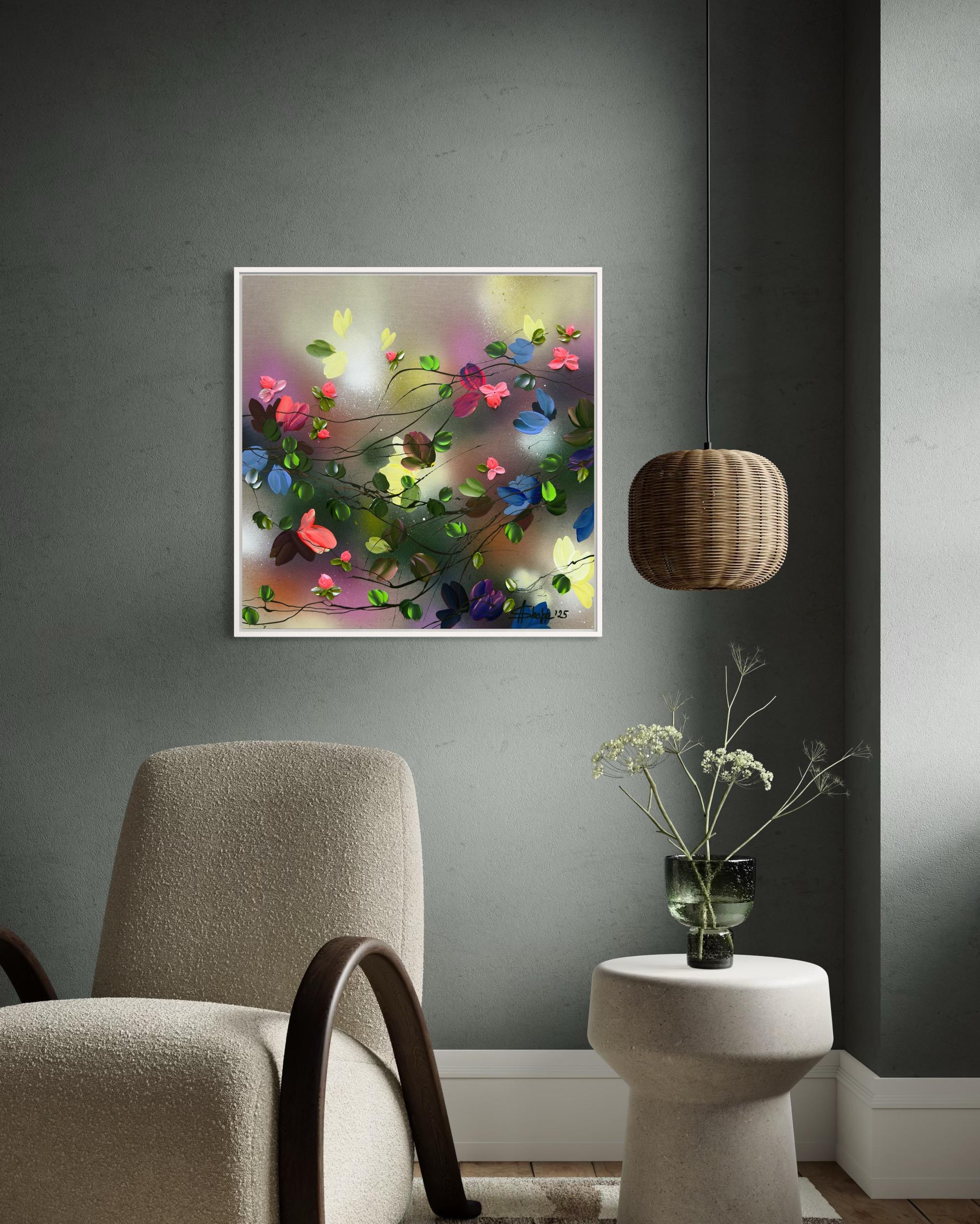 Satori Blooms III -  impressionistic painting on linen canvas with 3d roses For Sale 7