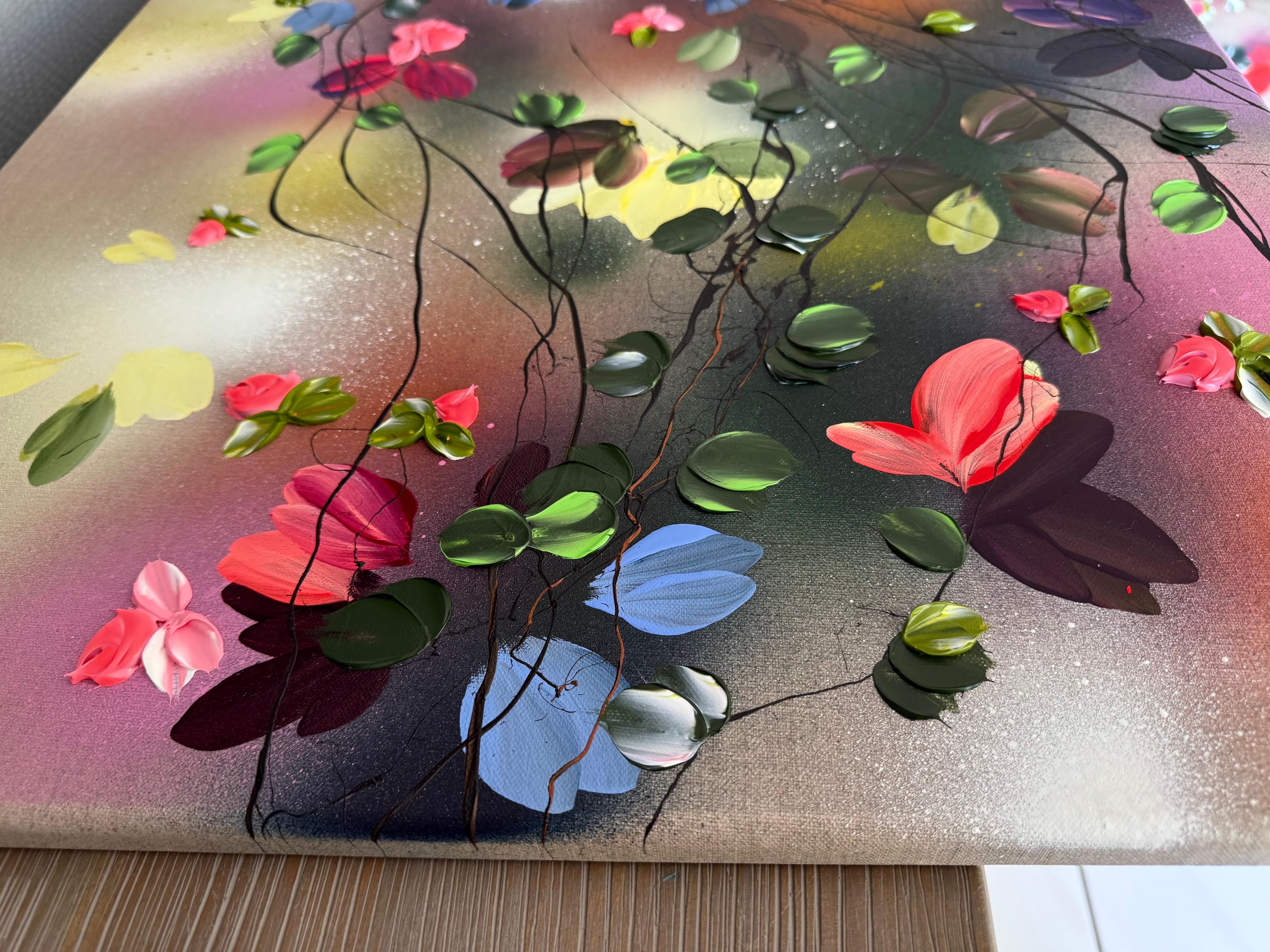Satori Blooms III -  impressionistic painting on linen canvas with 3d roses For Sale 8
