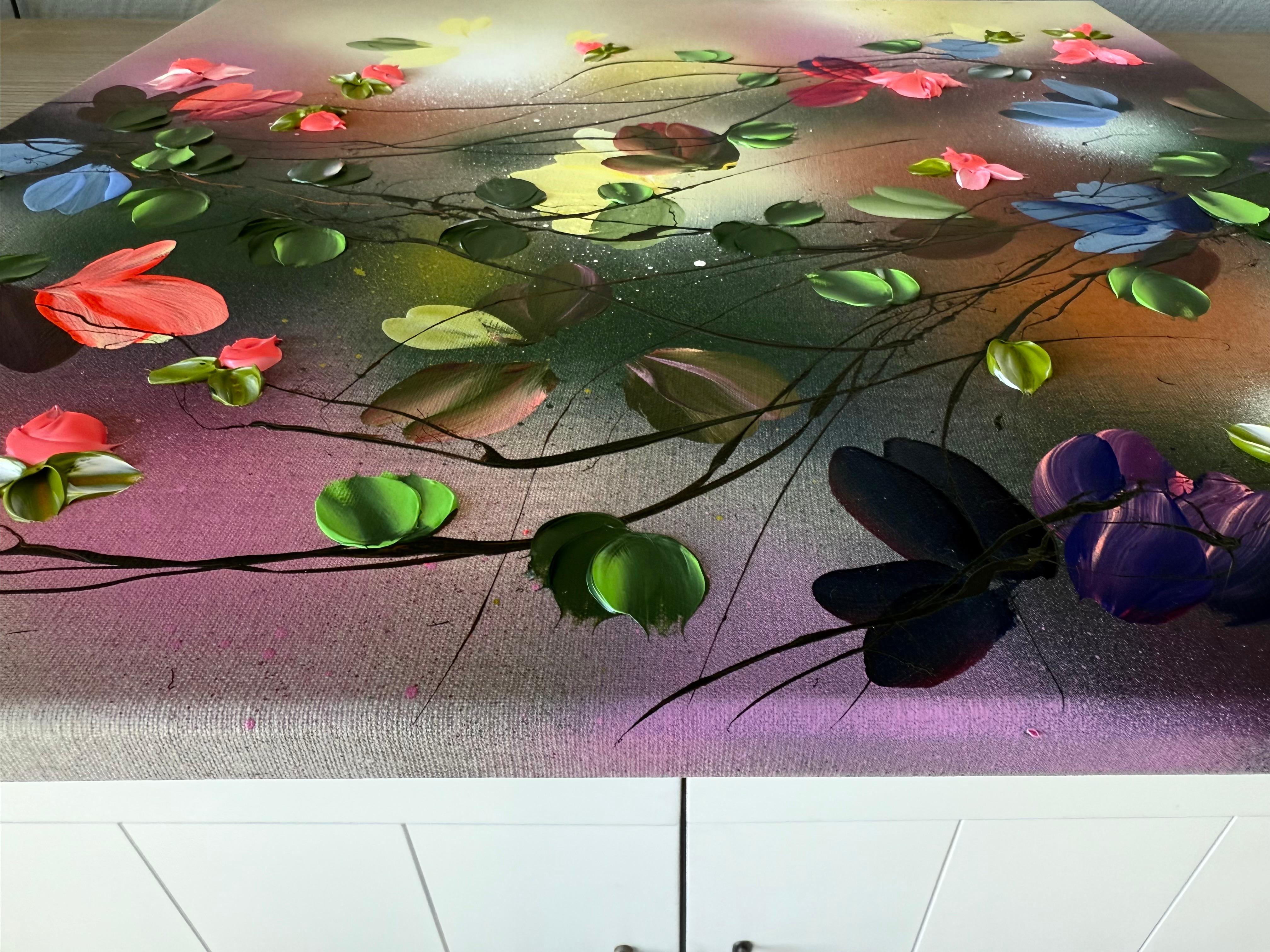 Satori Blooms III -  impressionistic painting on linen canvas with 3d roses For Sale 9