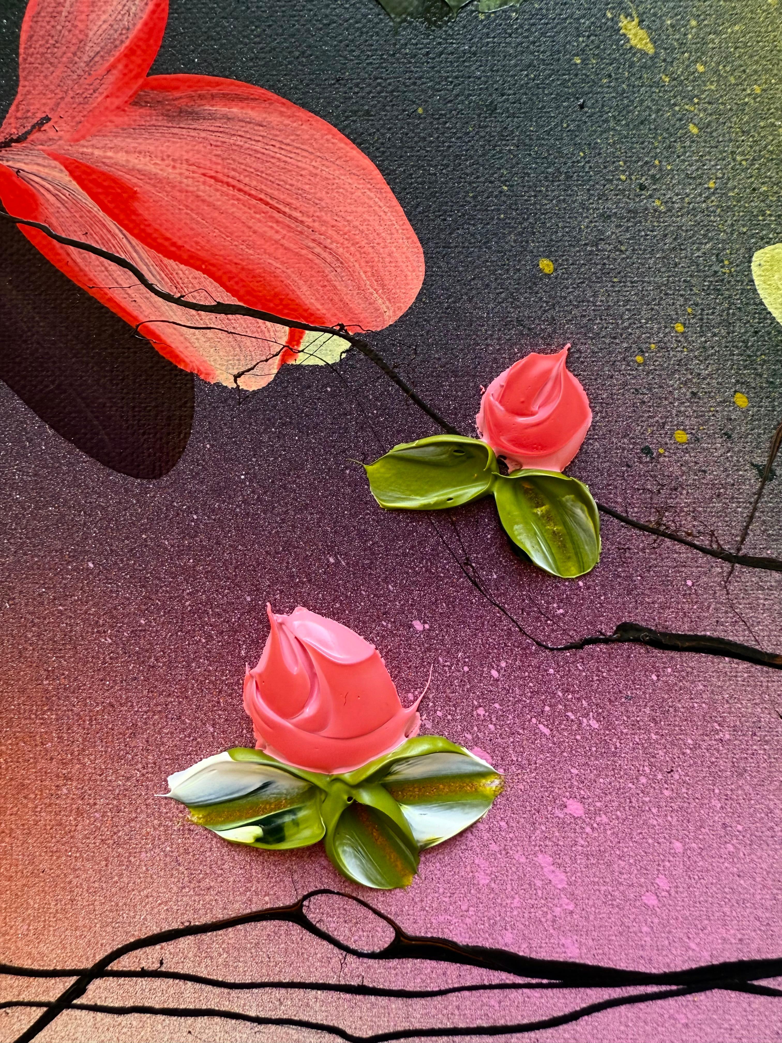 Satori Blooms III -  impressionistic painting on linen canvas with 3d roses For Sale 10