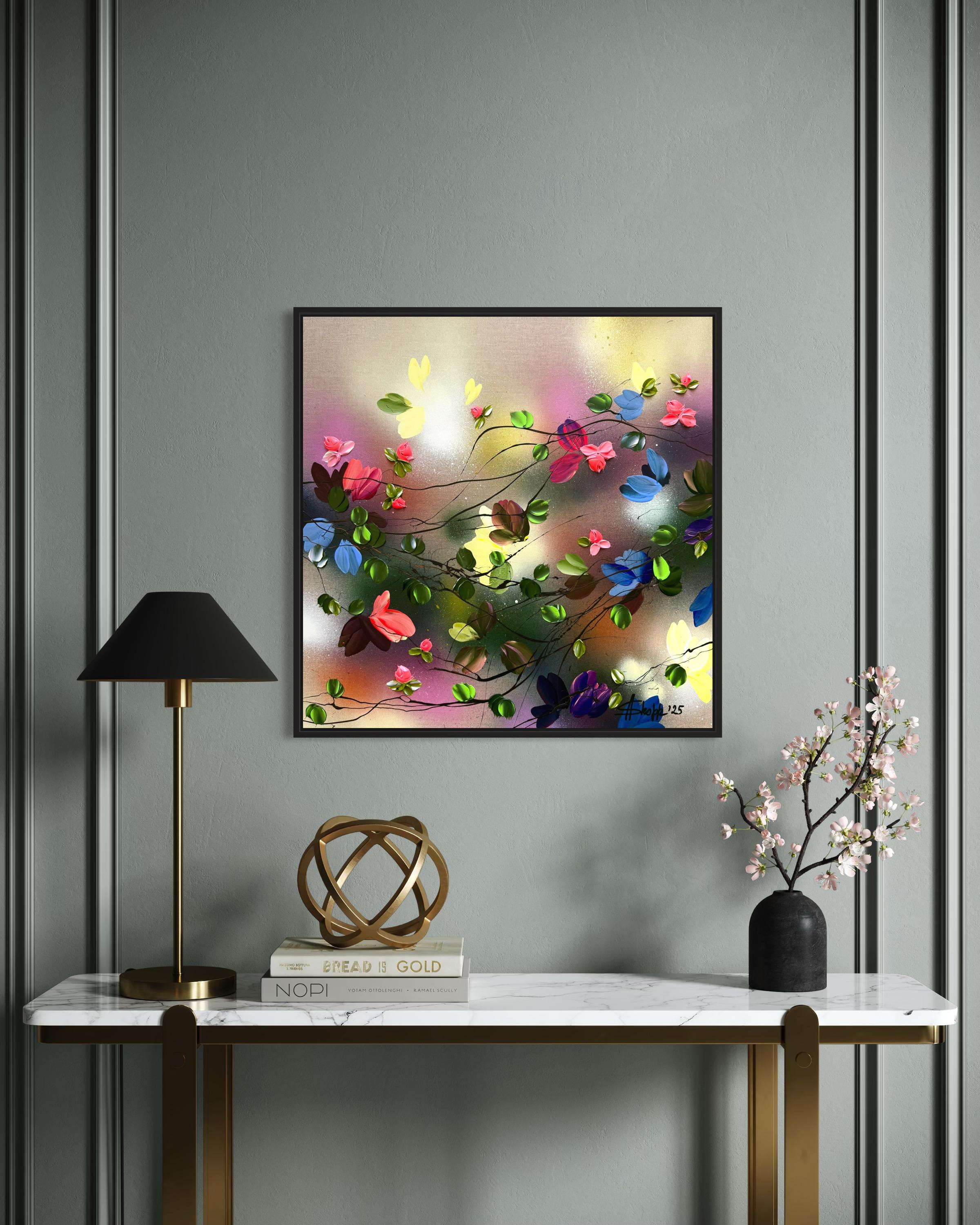 Satori Blooms III -  impressionistic painting on linen canvas with 3d roses For Sale 11