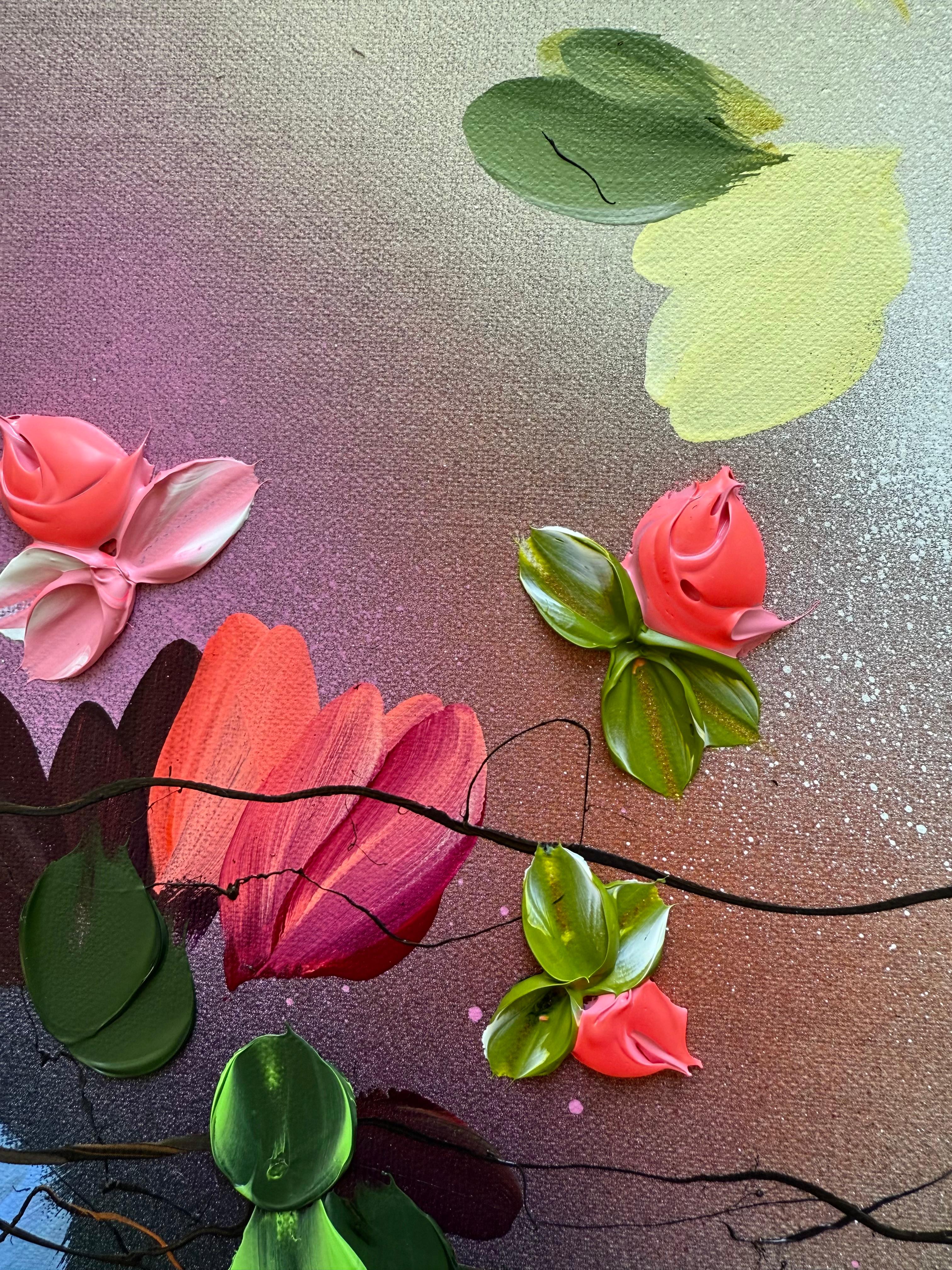 Satori Blooms III -  impressionistic painting on linen canvas with 3d roses - Painting by Anastassia Skopp