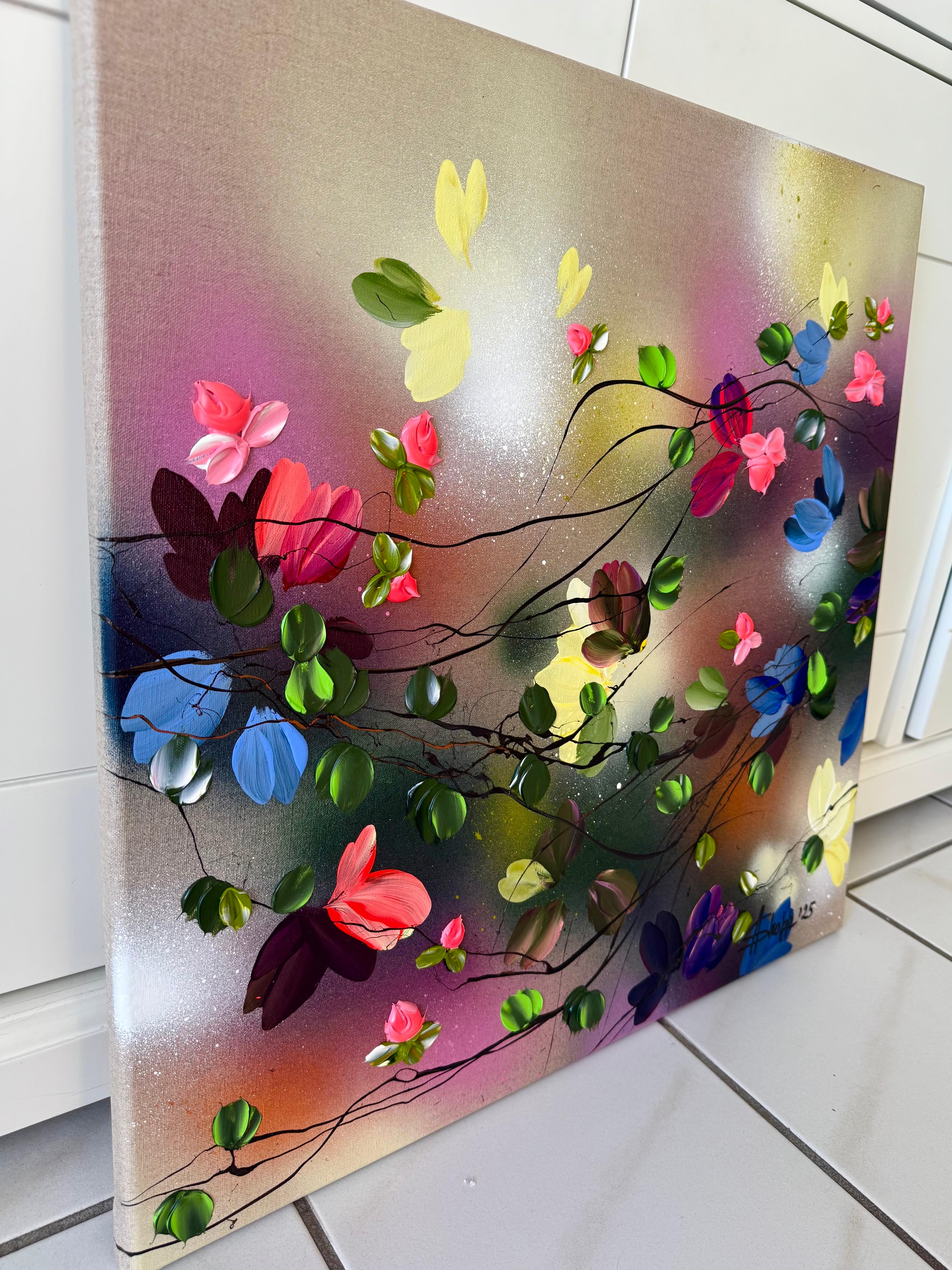 Satori Blooms III -  impressionistic painting on linen canvas with 3d roses For Sale 2