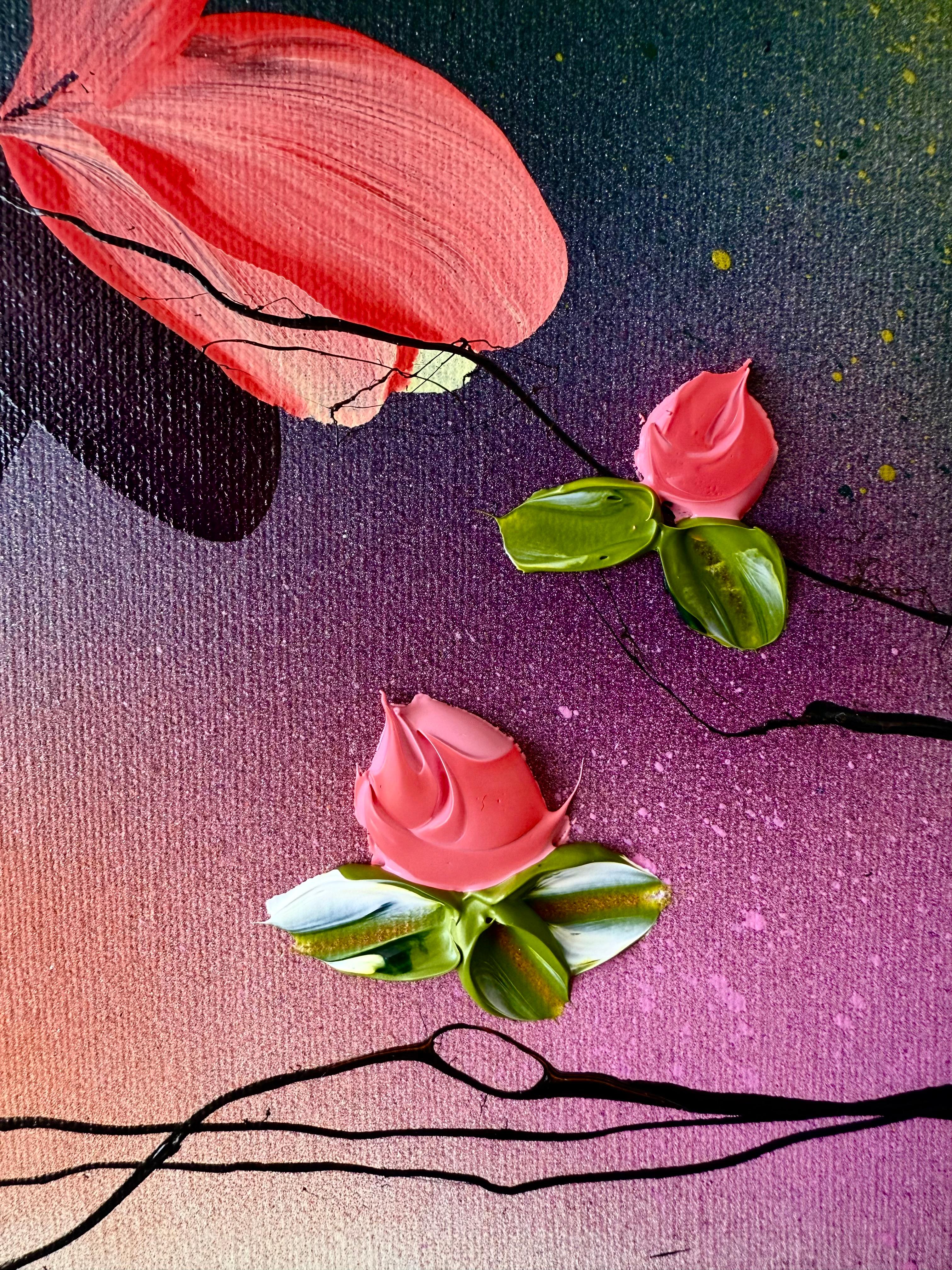 Satori Blooms III -  impressionistic painting on linen canvas with 3d roses For Sale 3