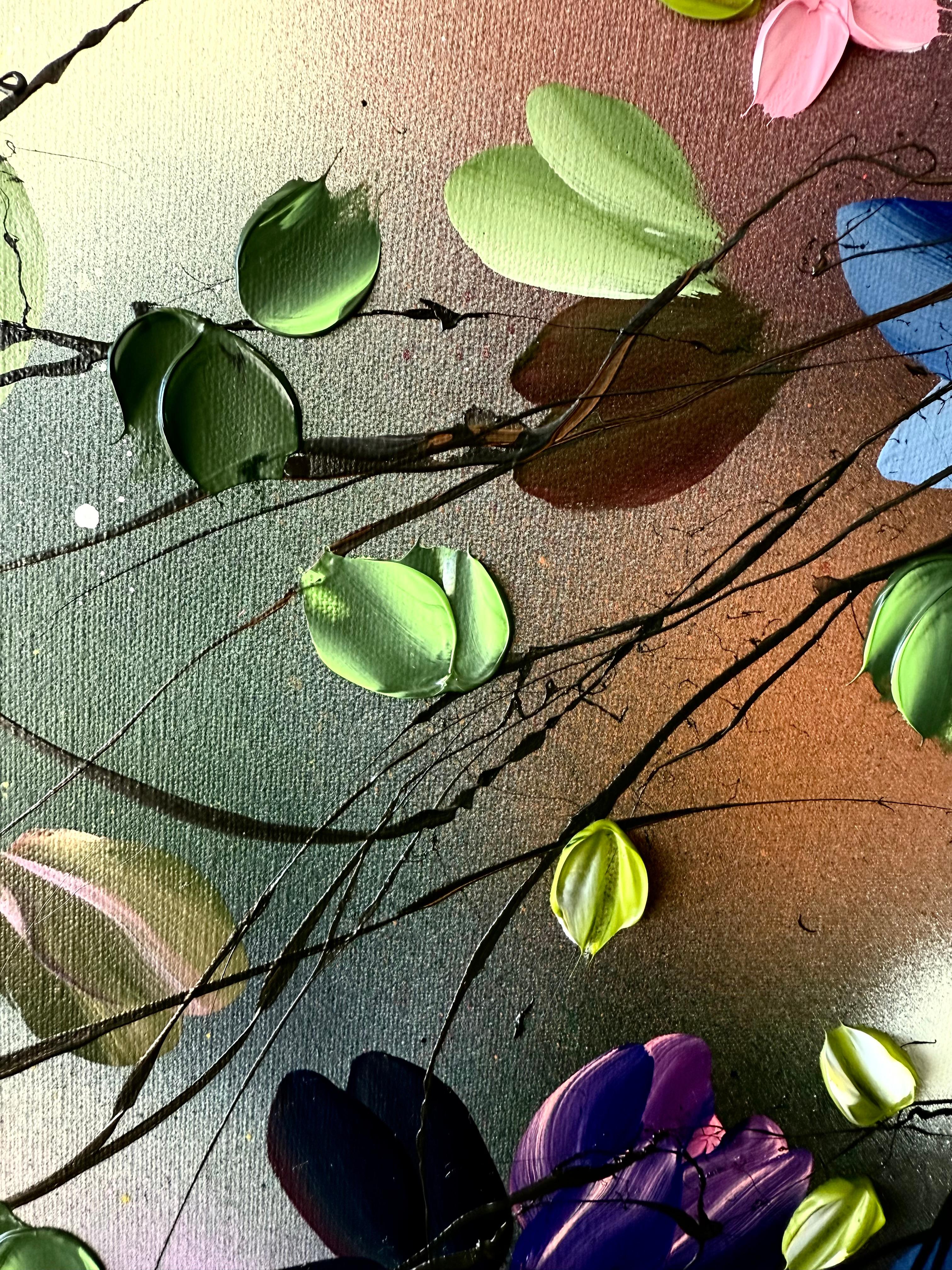 Satori Blooms III -  impressionistic painting on linen canvas with 3d roses For Sale 4