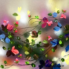 Satori Blooms III -  impressionistic painting on linen canvas with 3d roses