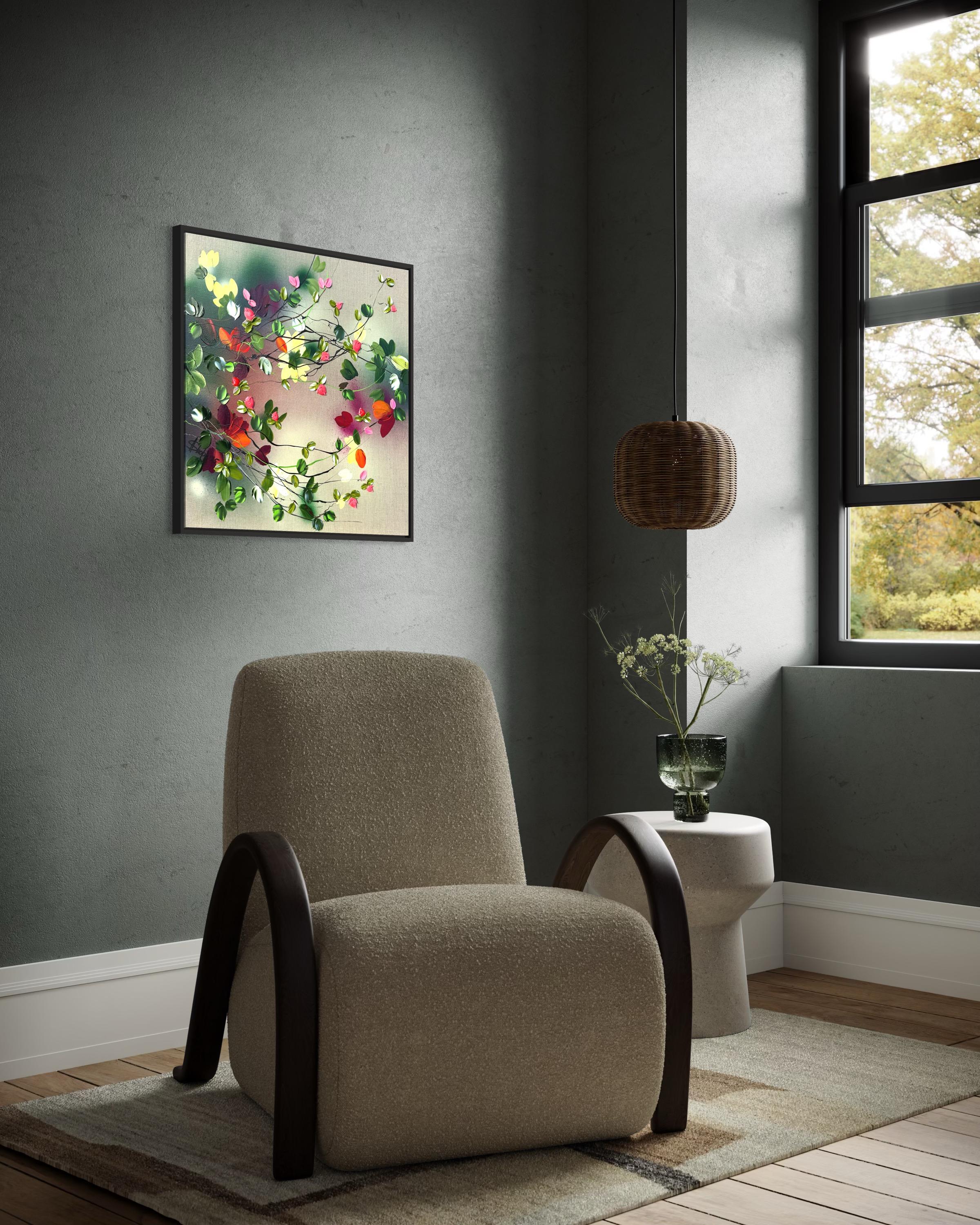 Satori Blooms IV -  impressionistic painting on linen canvas with 3d roses For Sale 7