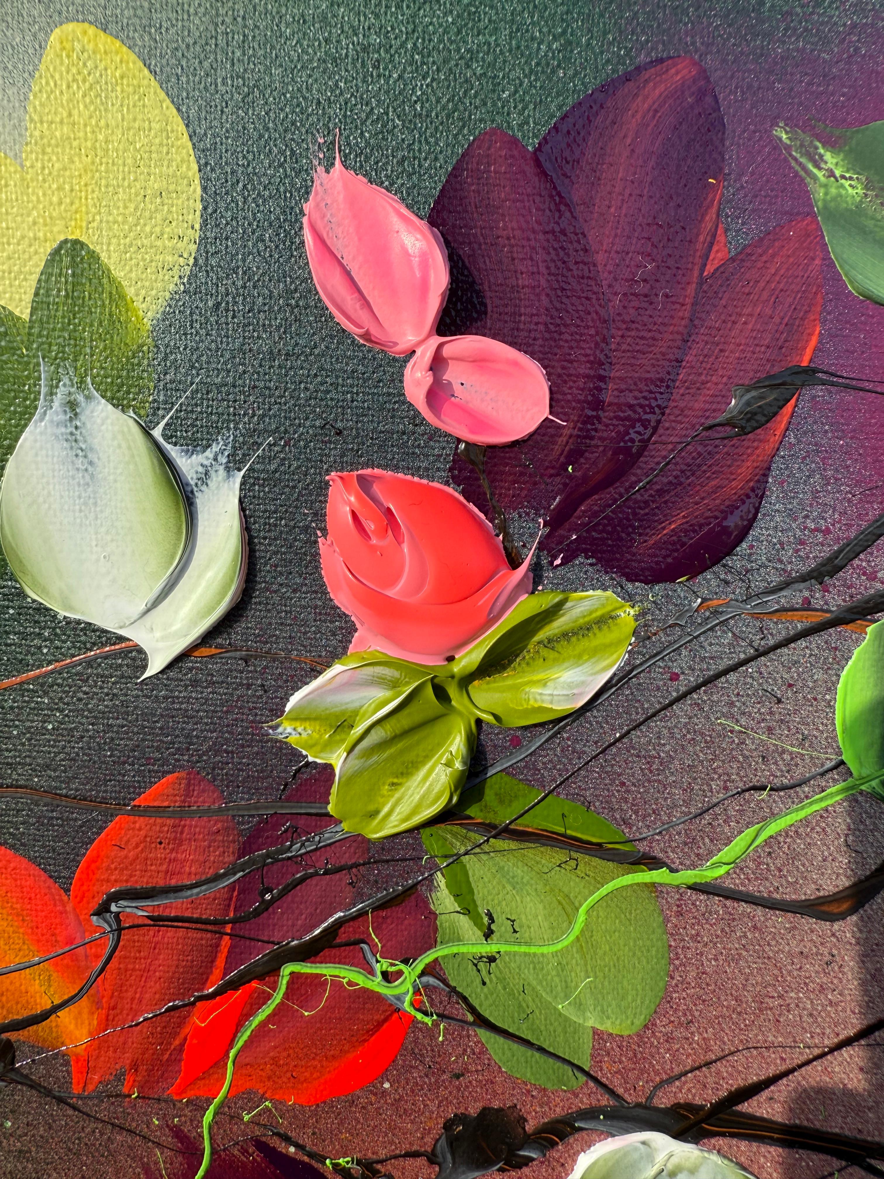 Satori Blooms IV -  impressionistic painting on linen canvas with 3d roses For Sale 8