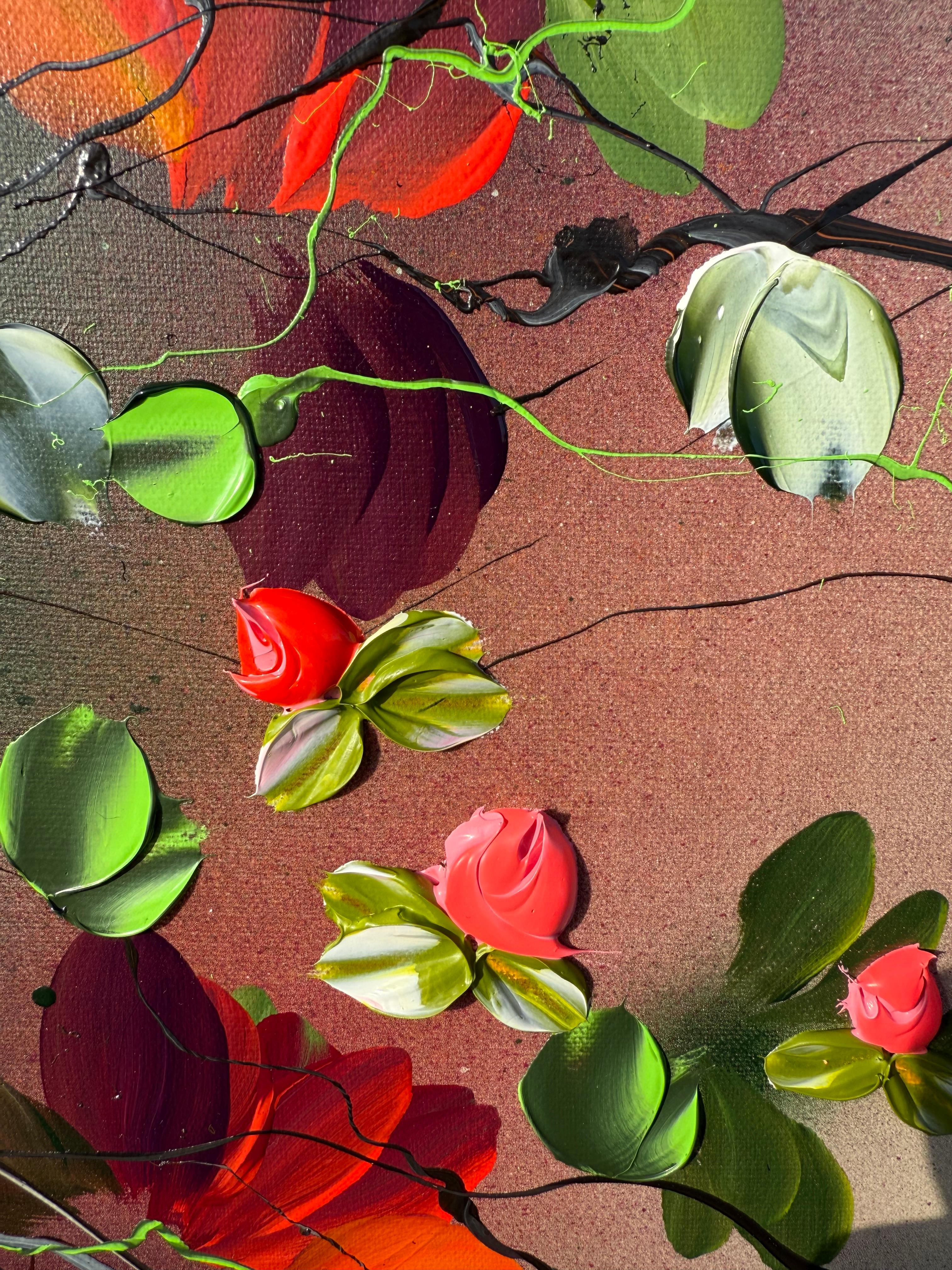 Satori Blooms IV -  impressionistic painting on linen canvas with 3d roses For Sale 9