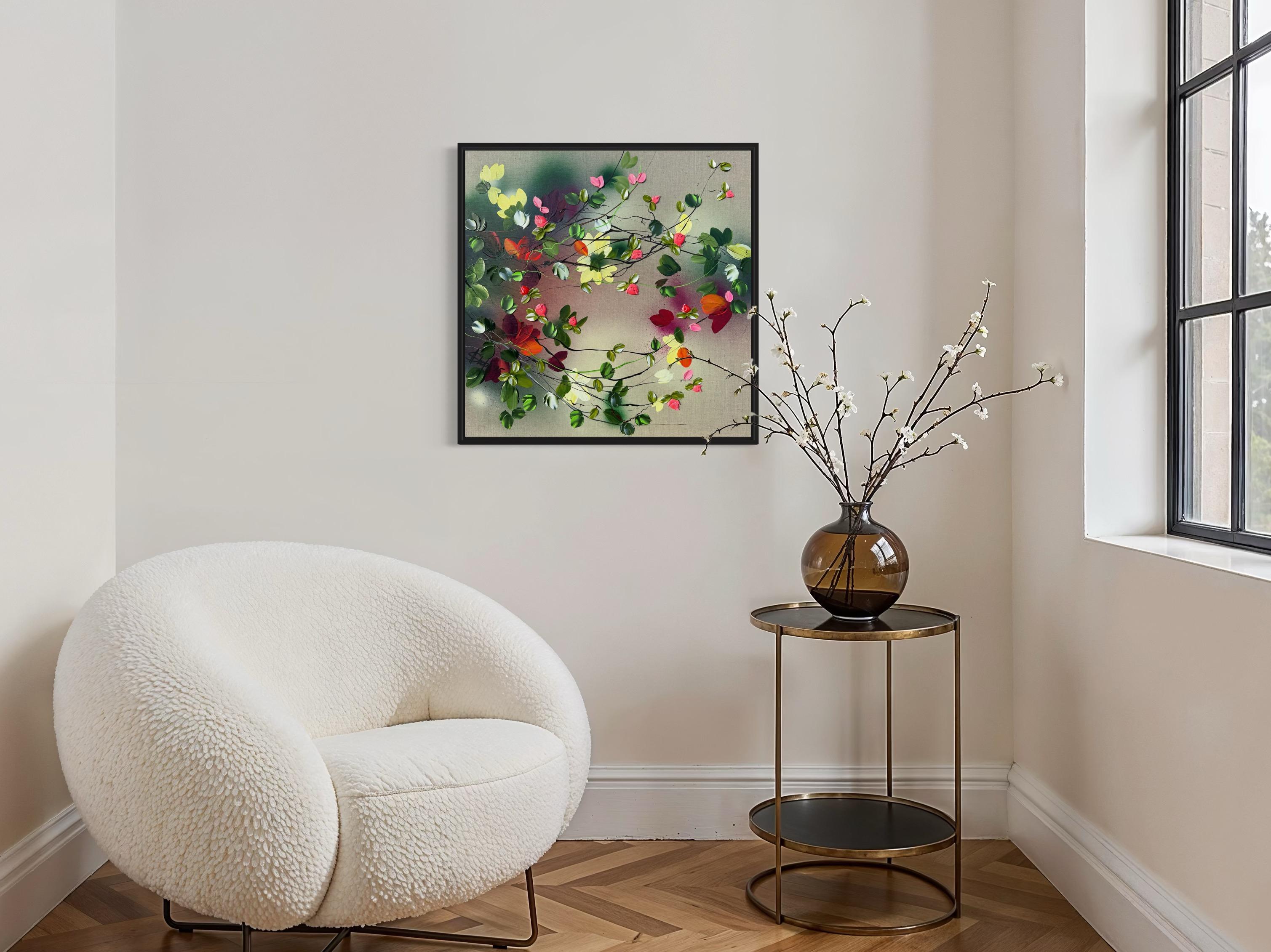Satori Blooms IV -  impressionistic painting on linen canvas with 3d roses For Sale 10