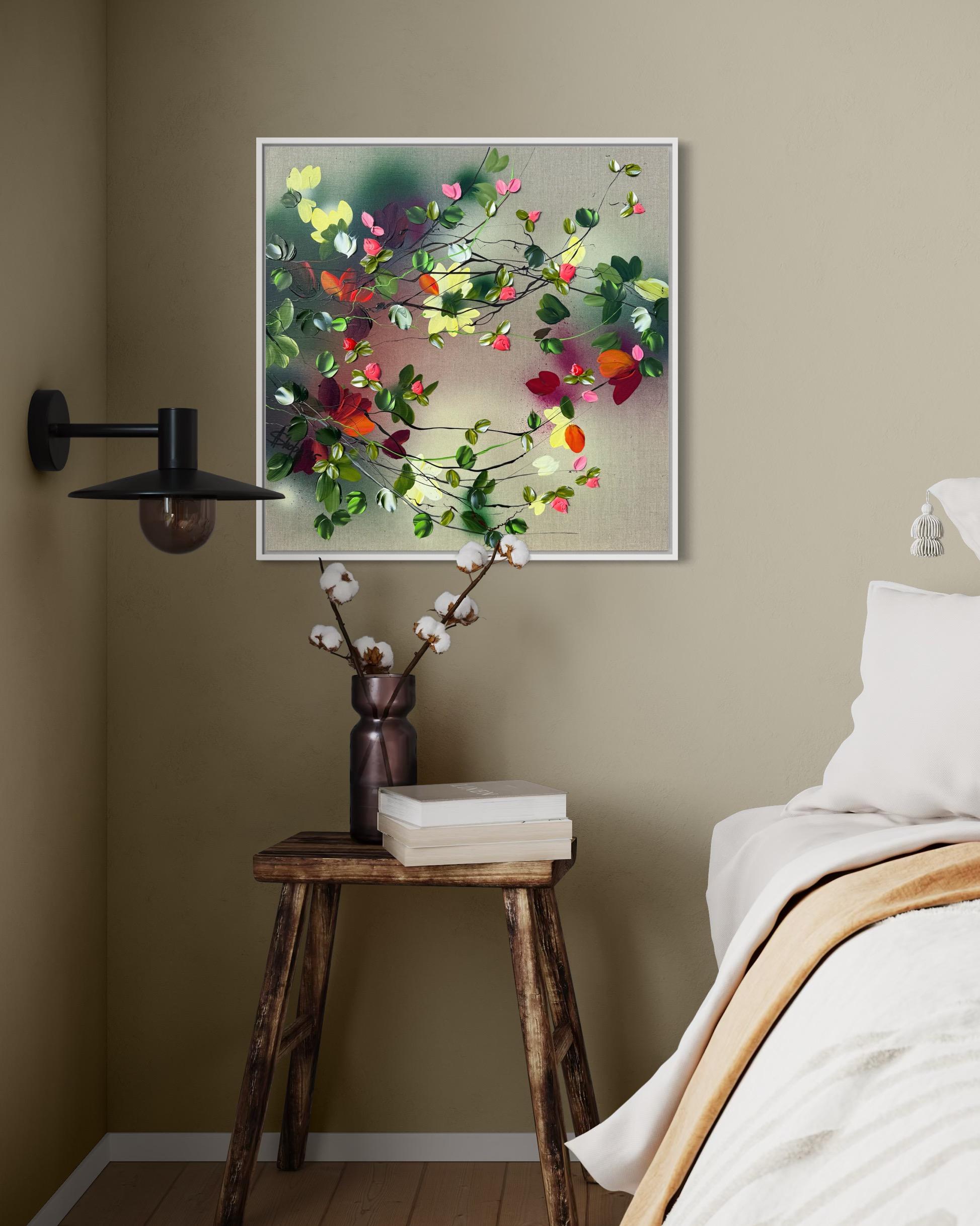 Satori Blooms IV -  impressionistic painting on linen canvas with 3d roses For Sale 13