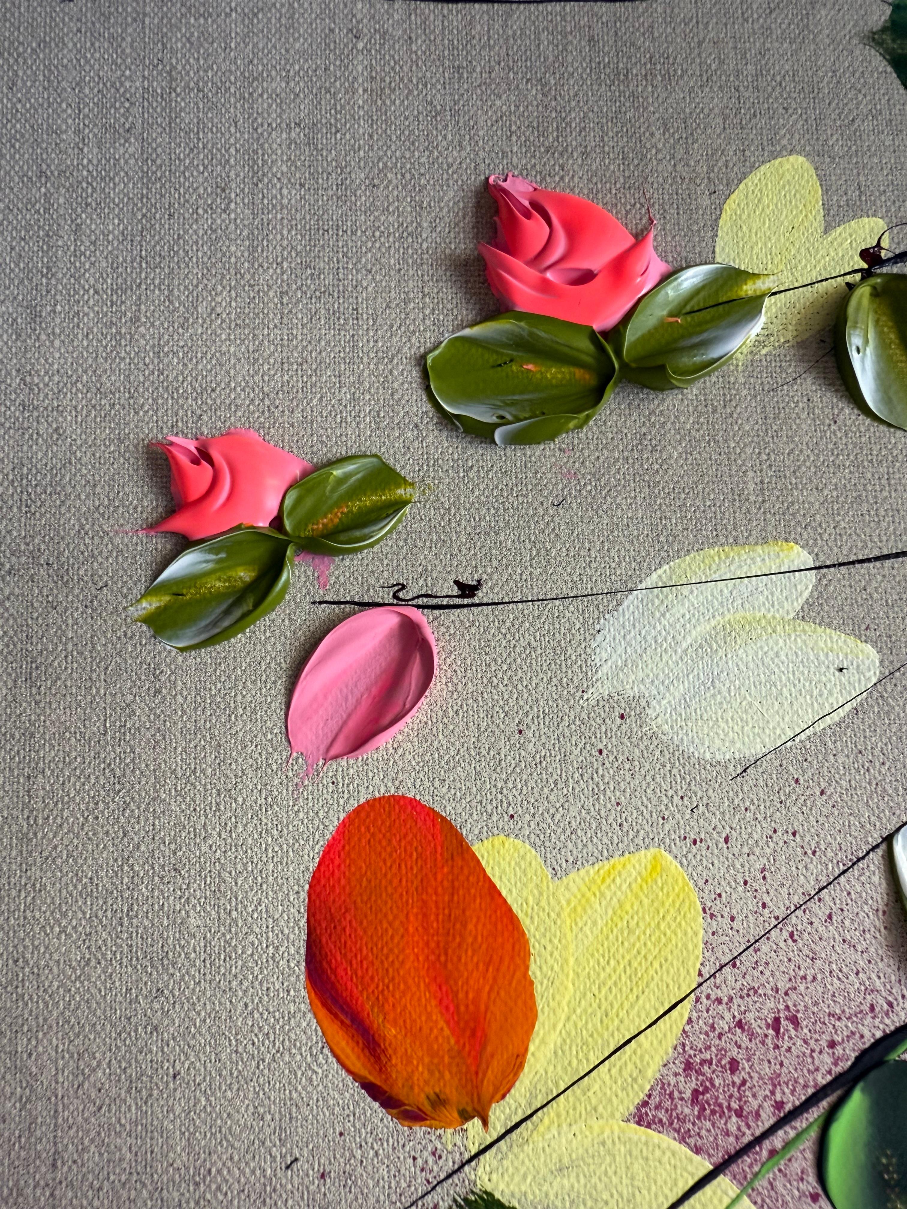 Satori Blooms IV -  impressionistic painting on linen canvas with 3d roses - Painting by Anastassia Skopp