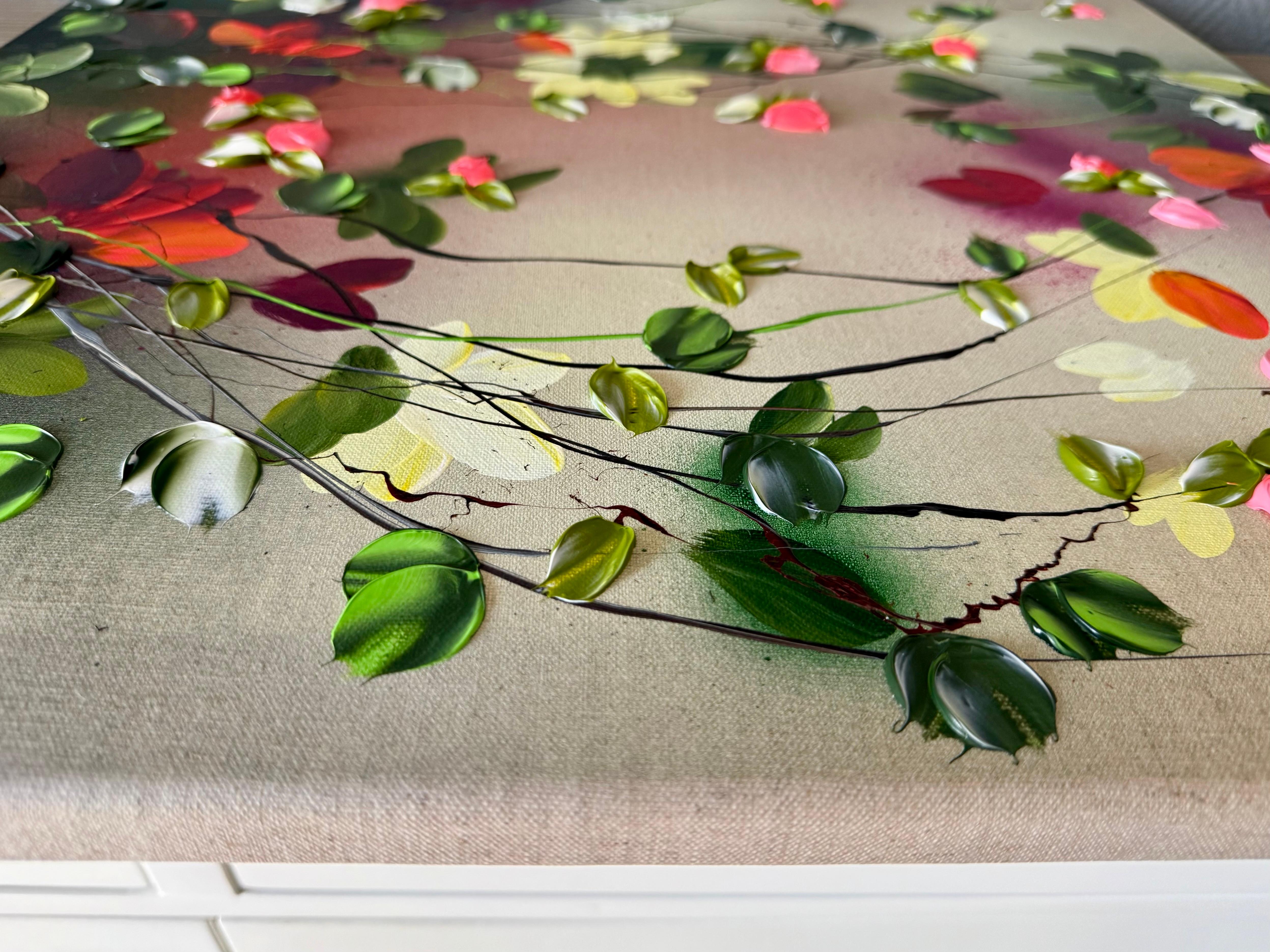 Satori Blooms IV -  impressionistic painting on linen canvas with 3d roses - Abstract Impressionist Painting by Anastassia Skopp