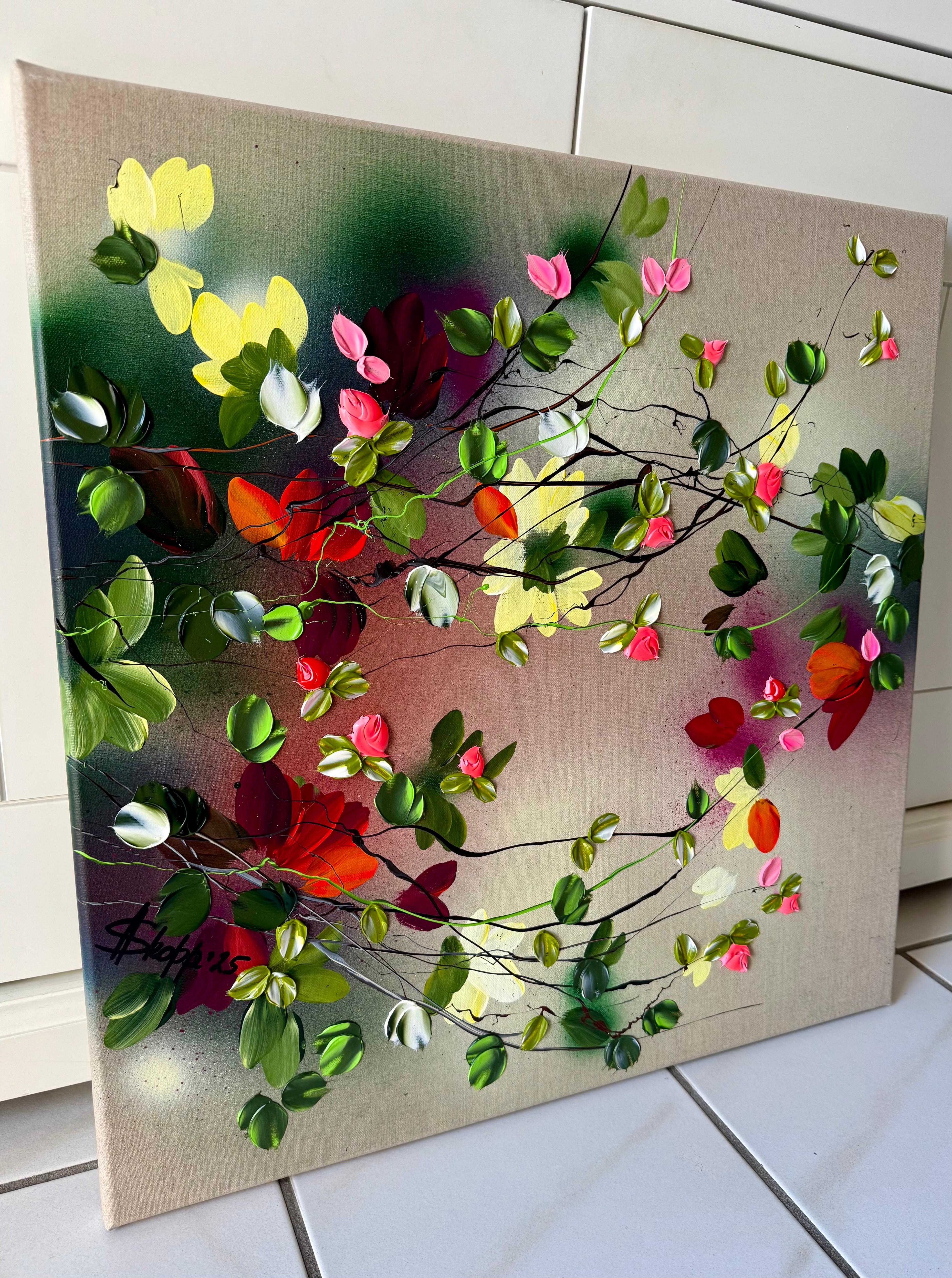 Satori Blooms IV -  impressionistic painting on linen canvas with 3d roses - Brown Abstract Painting by Anastassia Skopp