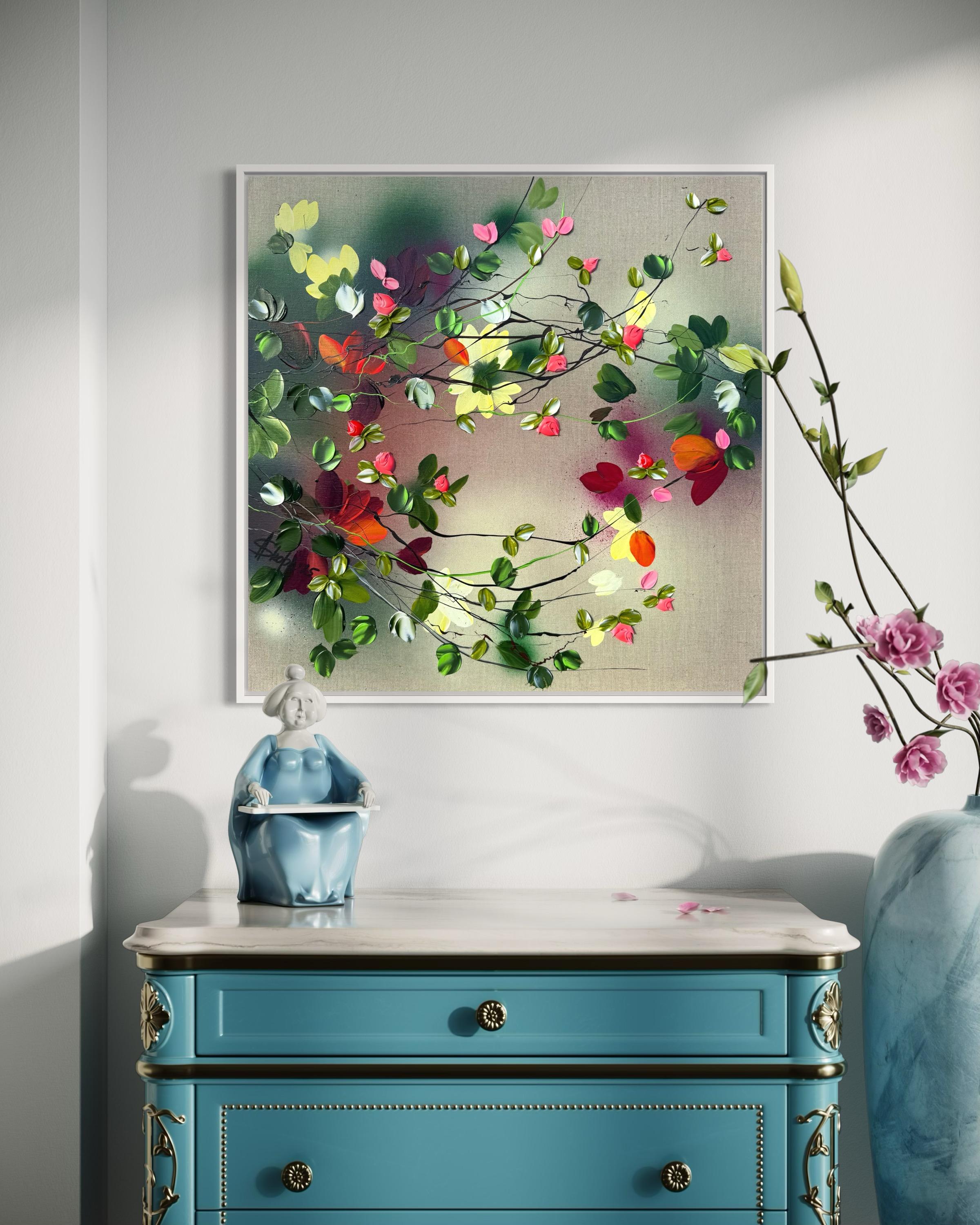 Satori Blooms IV -  impressionistic painting on linen canvas with 3d roses For Sale 1