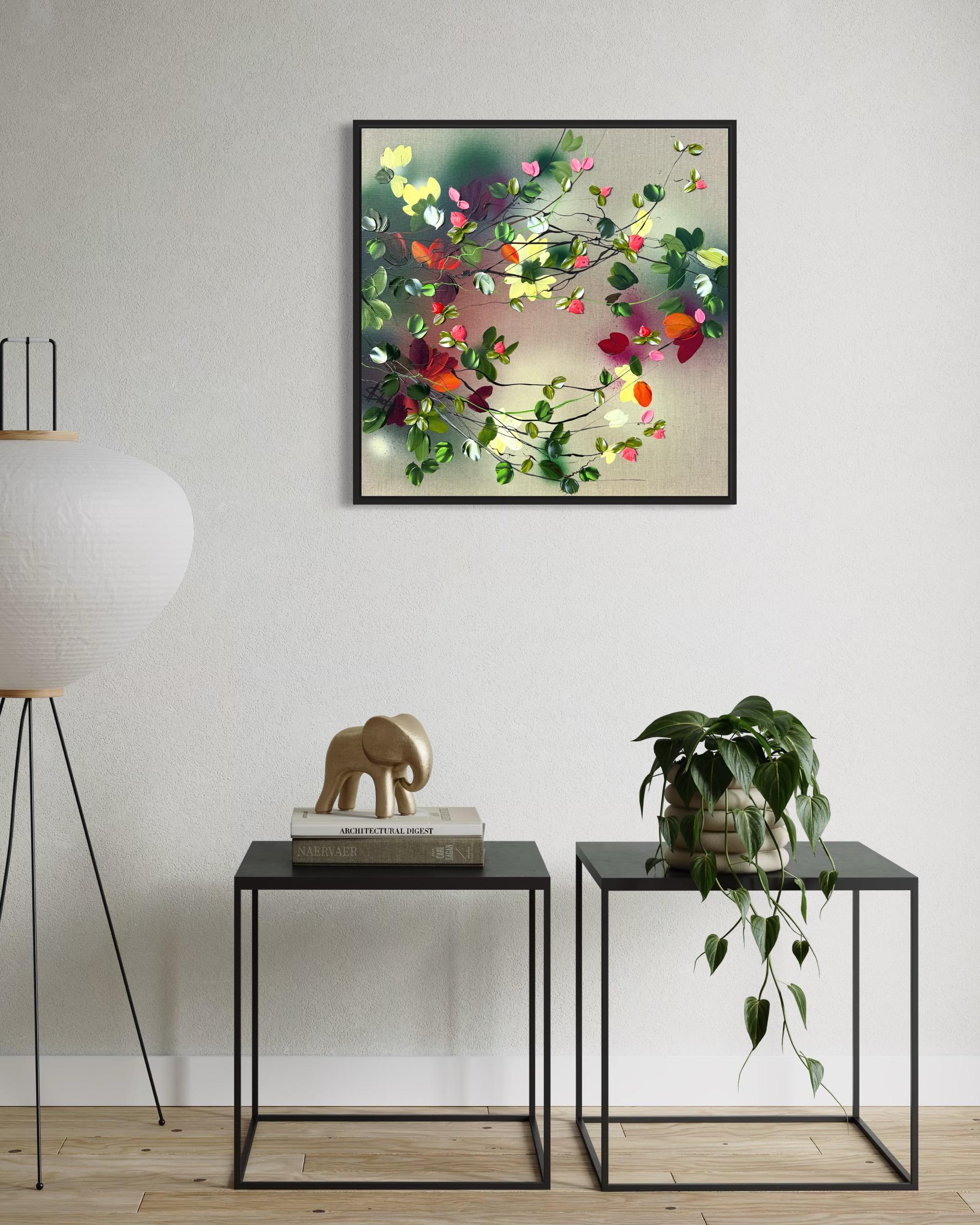 Satori Blooms IV -  impressionistic painting on linen canvas with 3d roses For Sale 2