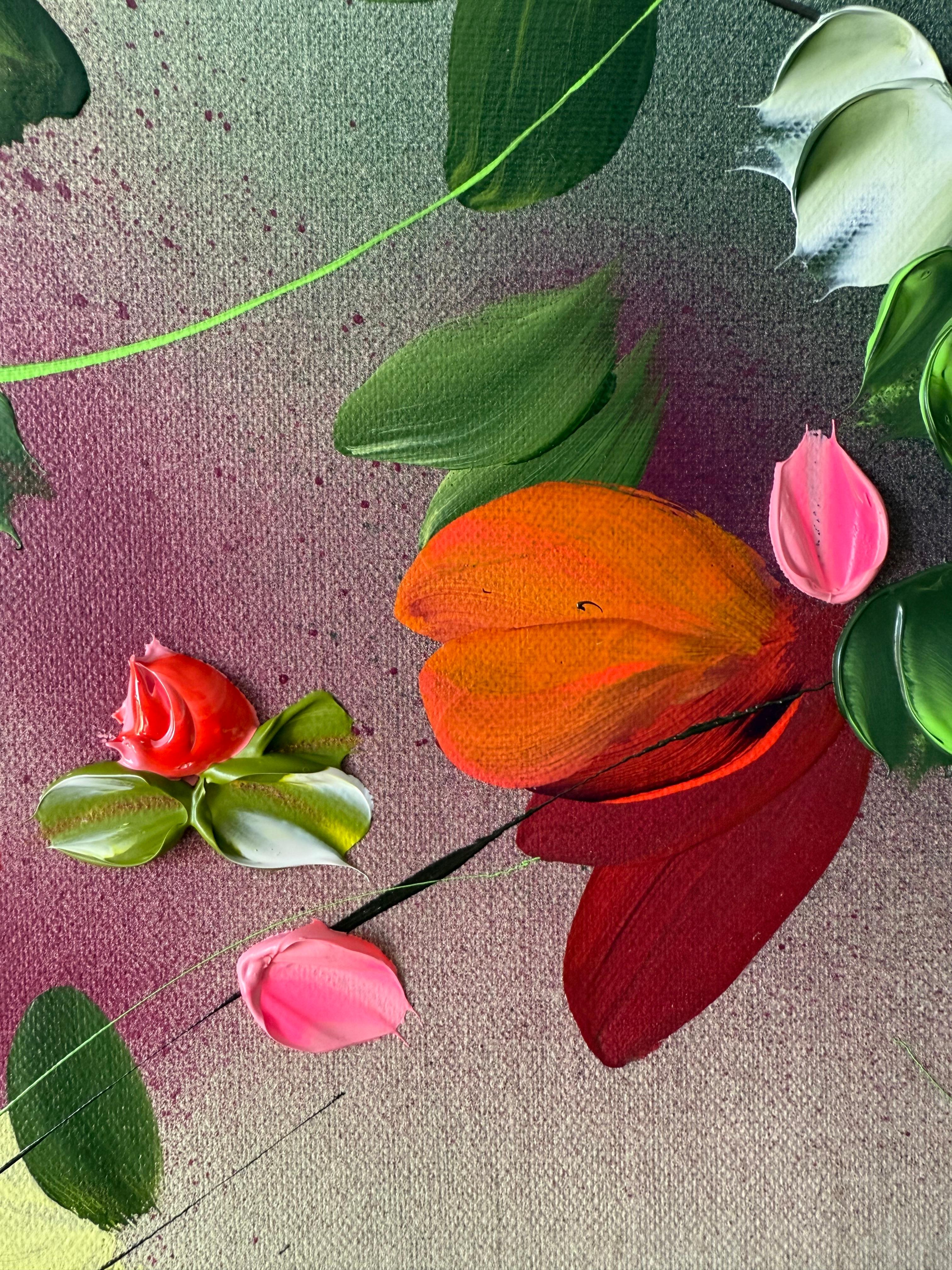 Satori Blooms IV -  impressionistic painting on linen canvas with 3d roses For Sale 3