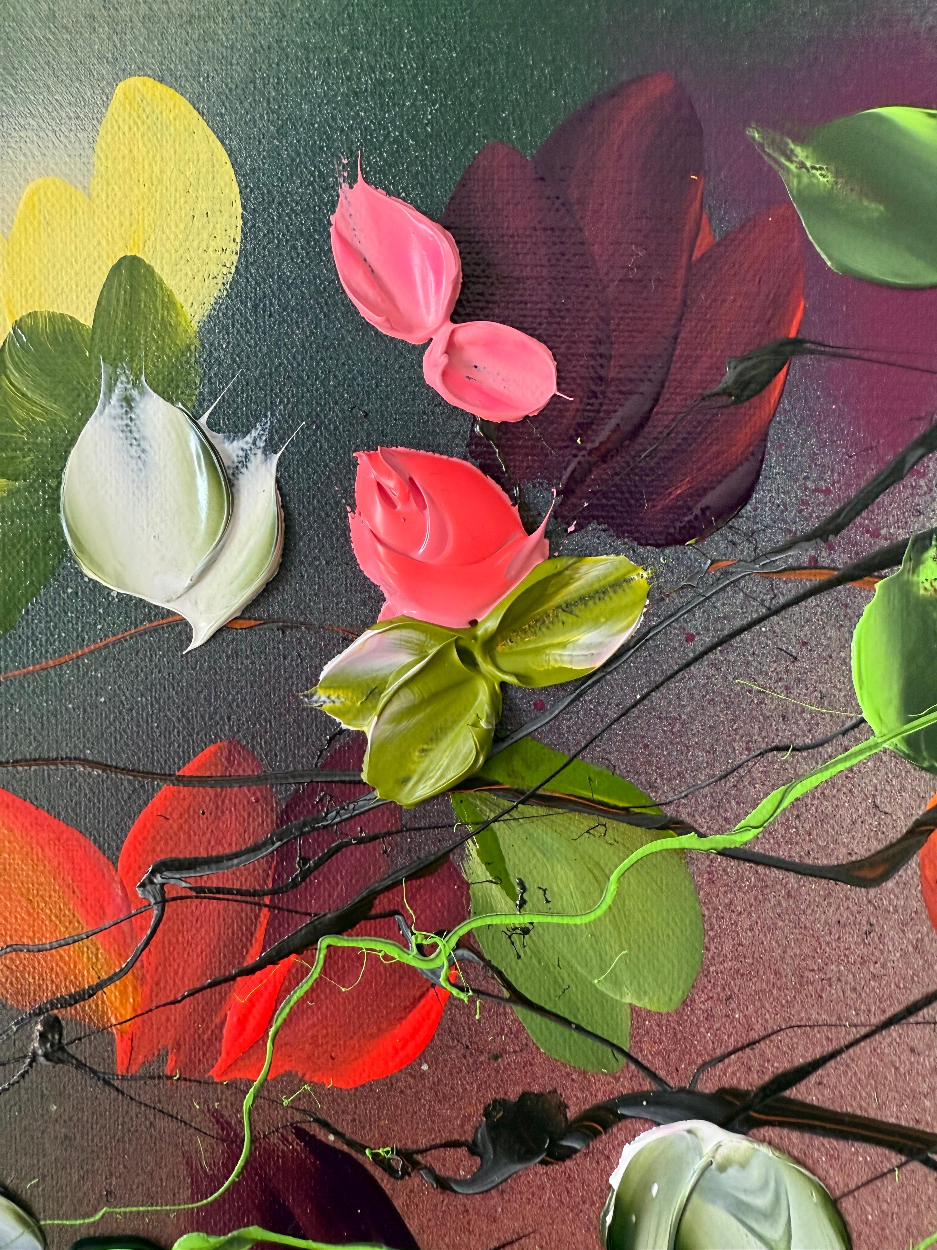 Satori Blooms IV -  impressionistic painting on linen canvas with 3d roses For Sale 4