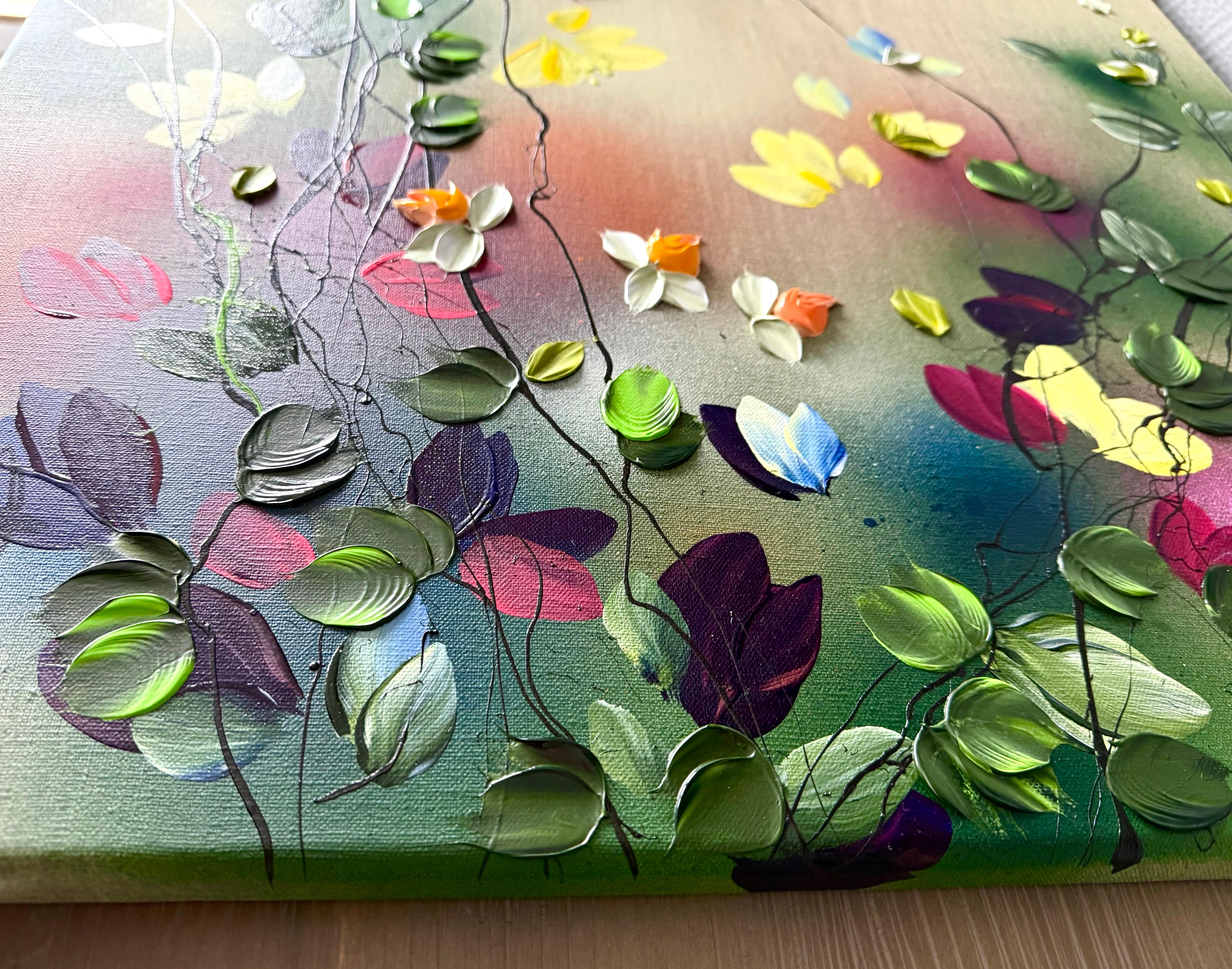 Scents of Autumn I -  impressionistic painting on linen canvas with 3d roses For Sale 5