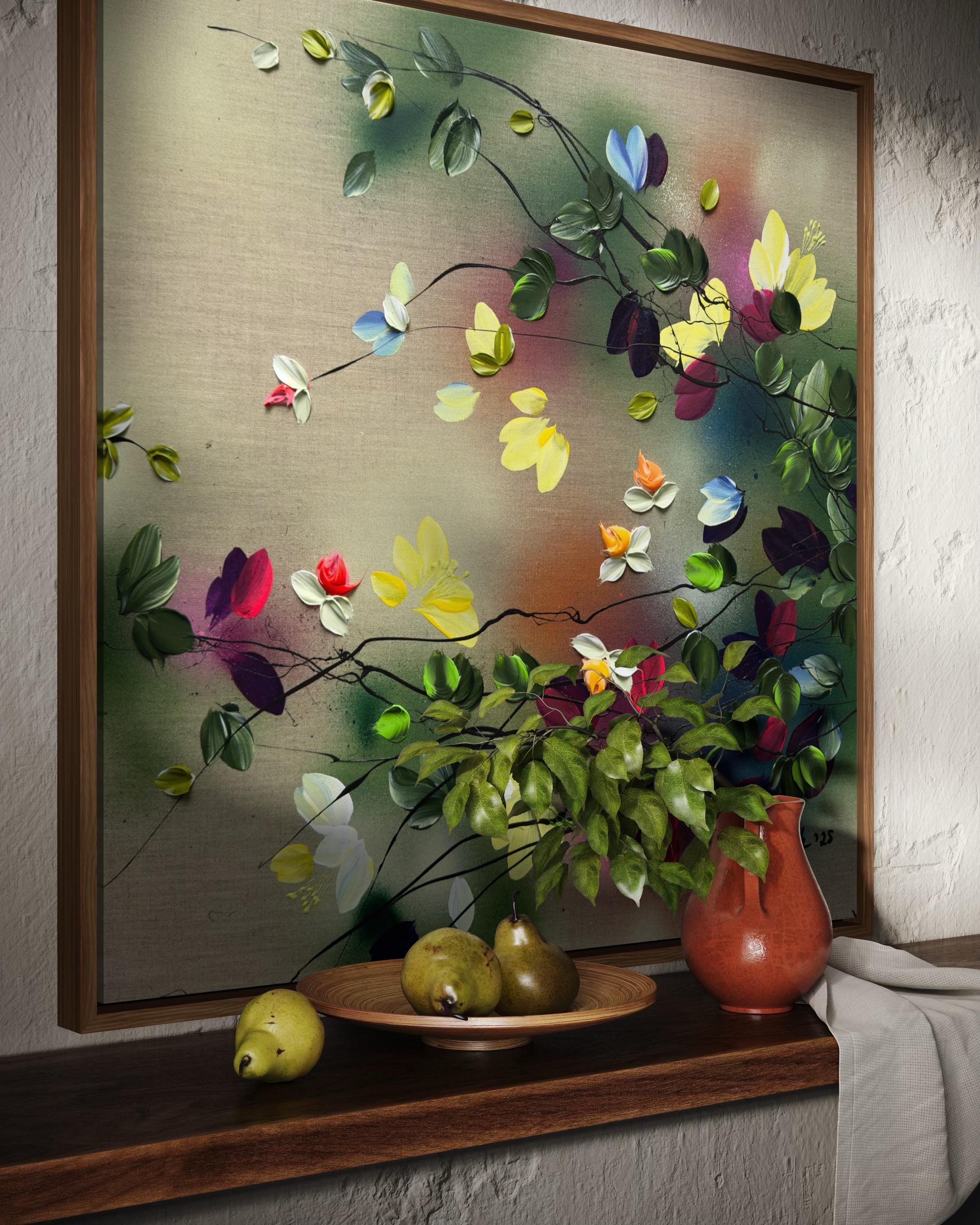 Scents of Autumn I -  impressionistic painting on linen canvas with 3d roses For Sale 8