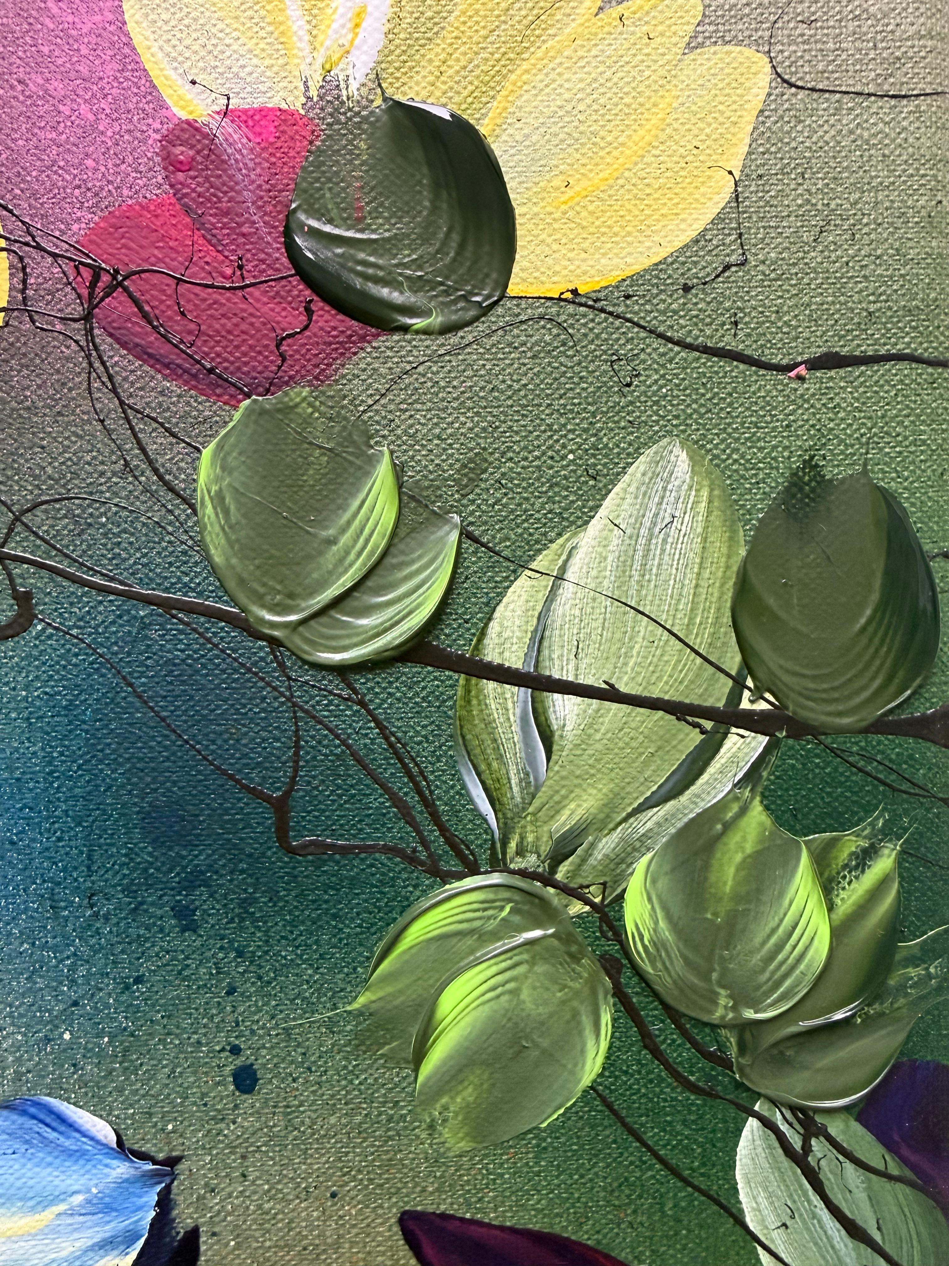 Scents of Autumn I -  impressionistic painting on linen canvas with 3d roses For Sale 11