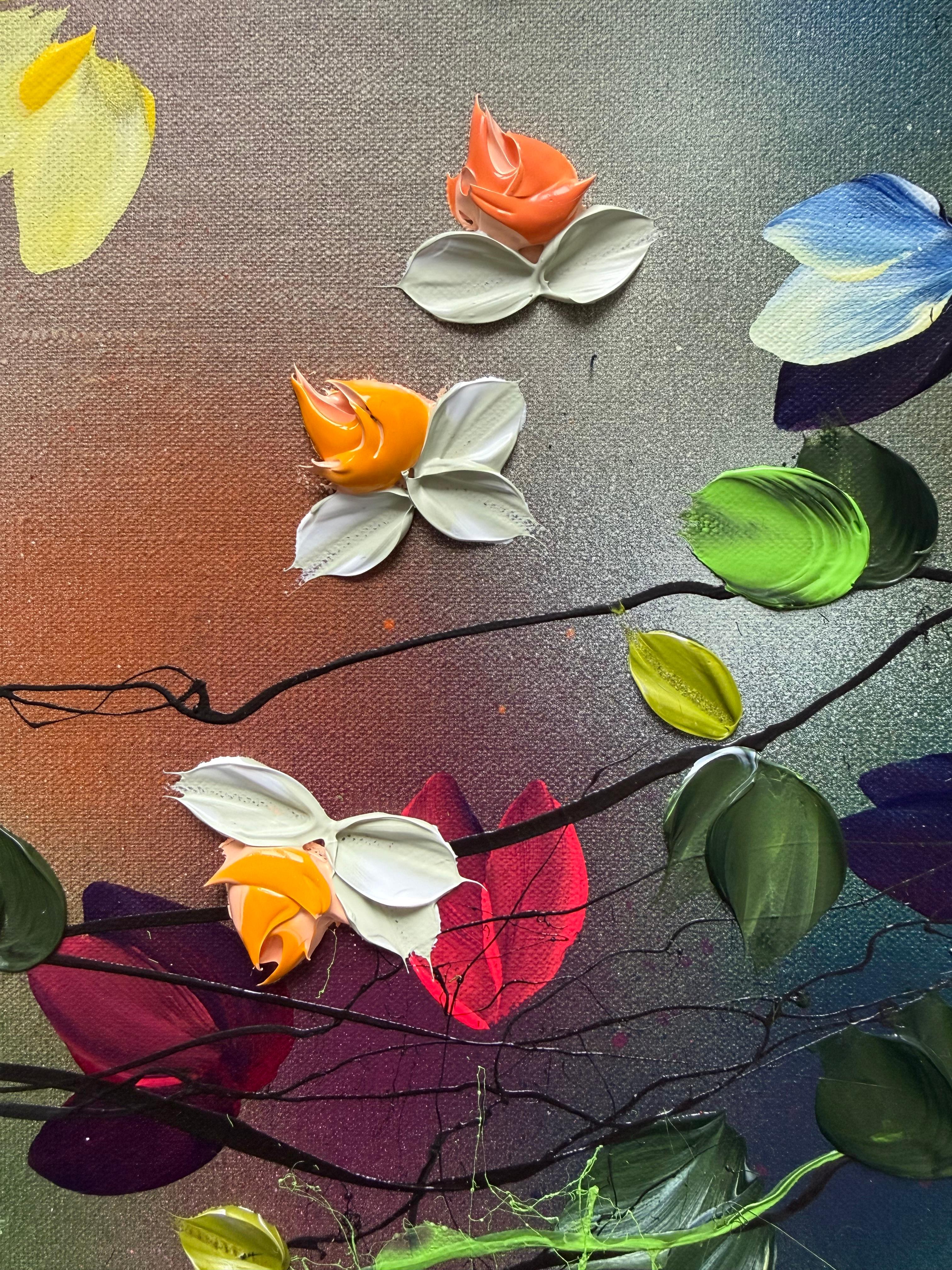 Scents of Autumn I -  impressionistic painting on linen canvas with 3d roses - Abstract Impressionist Painting by Anastassia Skopp