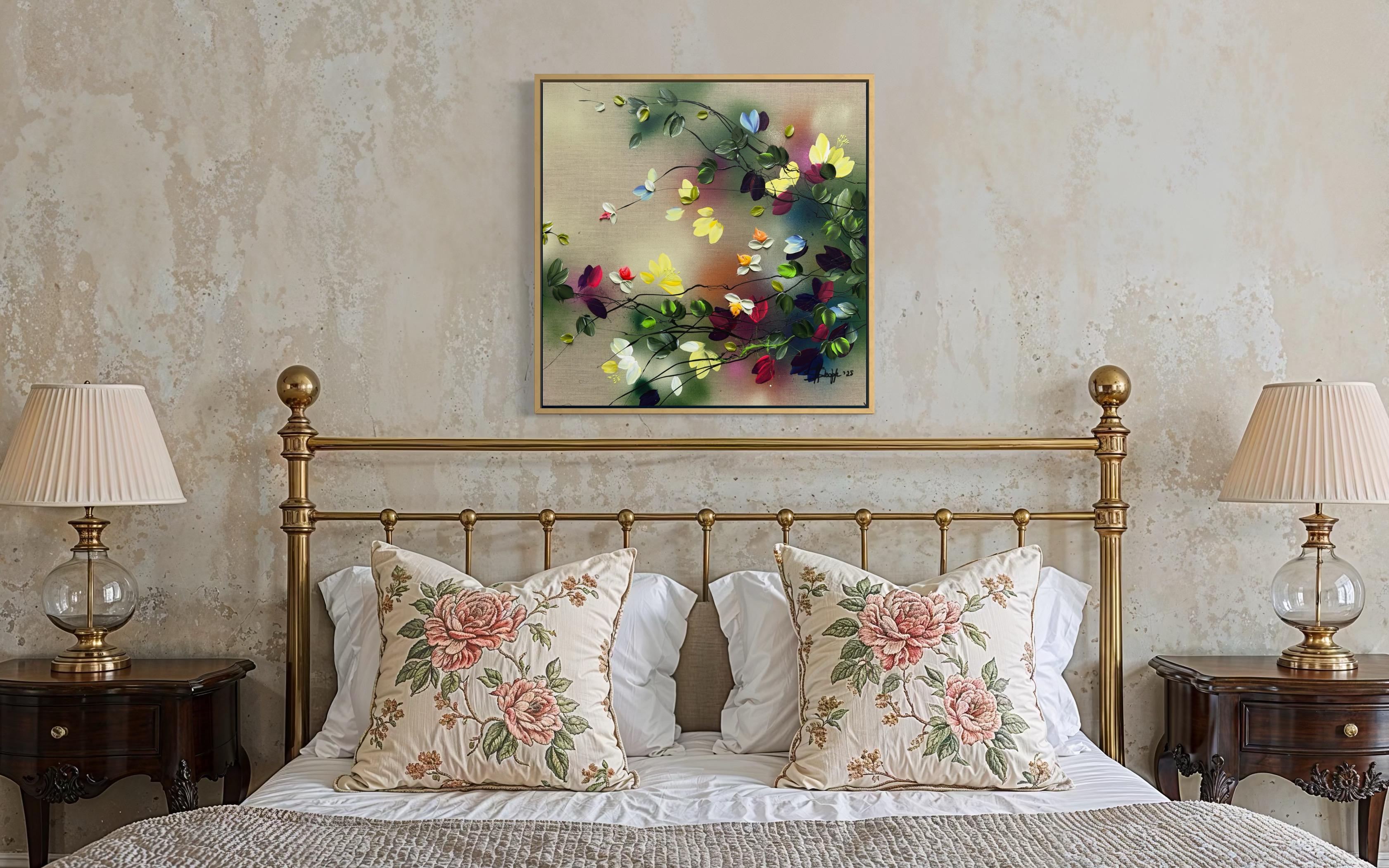 Scents of Autumn I -  impressionistic painting on linen canvas with 3d roses For Sale 1