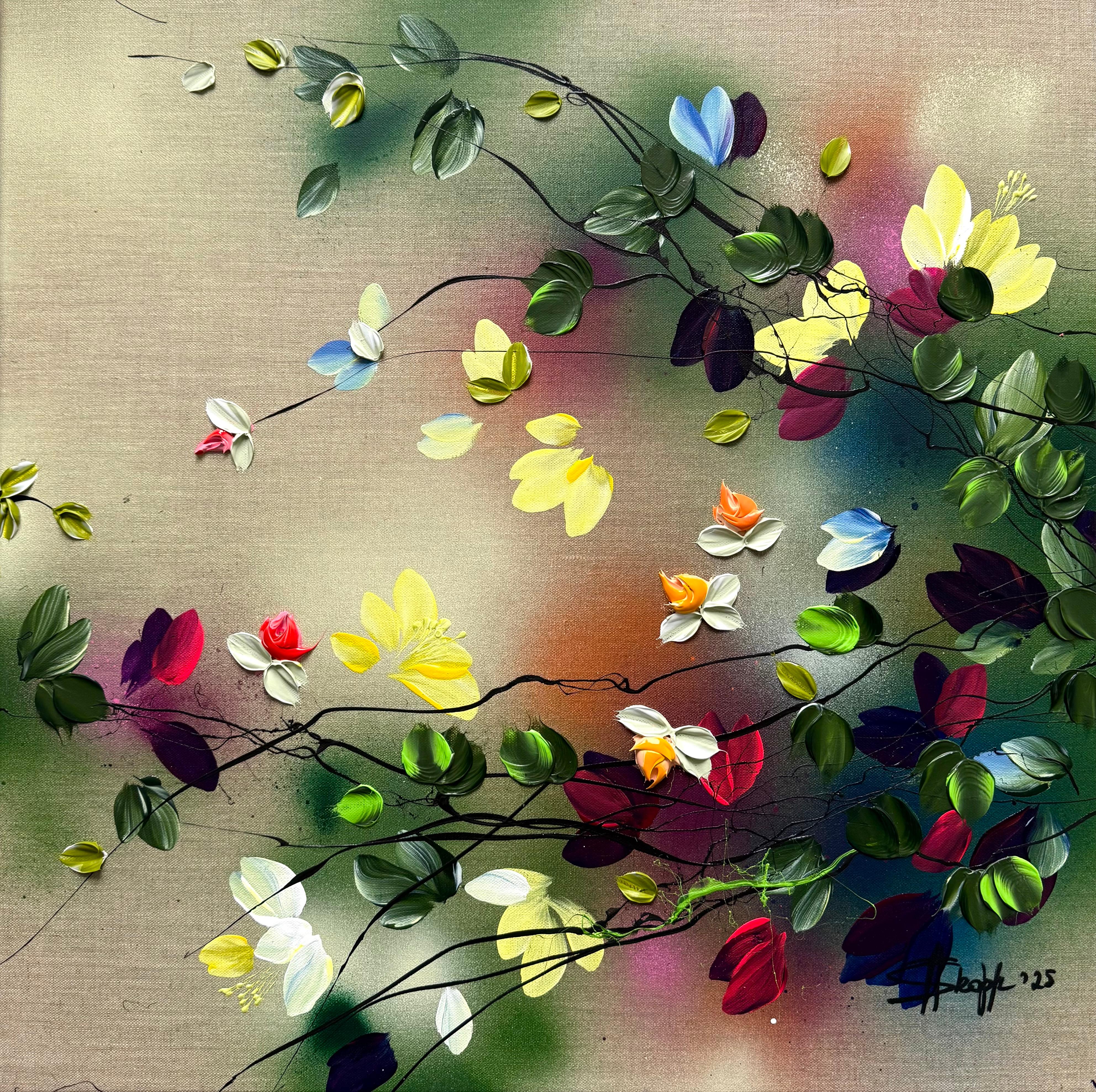 Scents of Autumn I - impressionistic painting on linen canvas with 3d roses