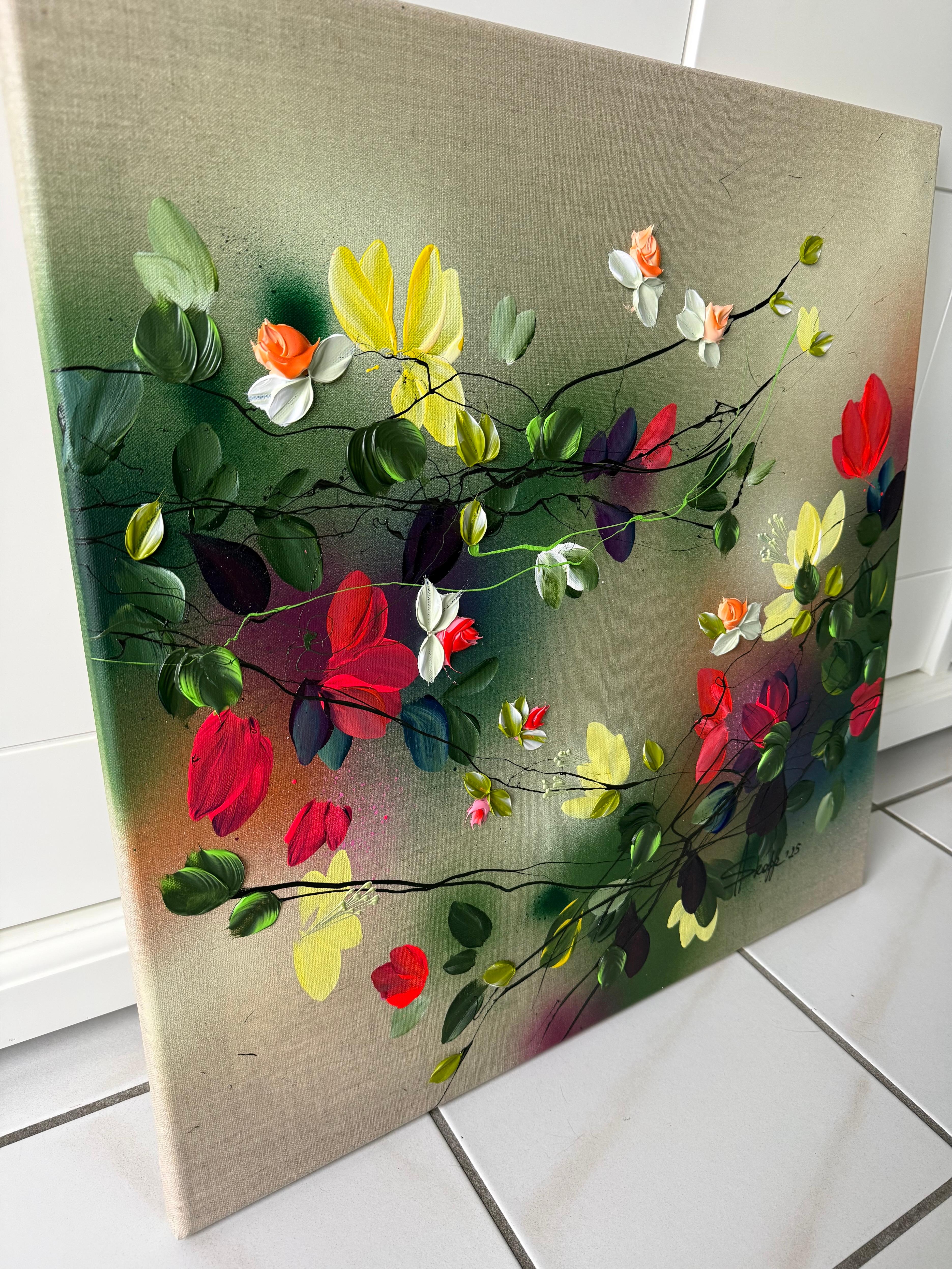 Scents of Autumn II -  impressionistic painting on linen canvas with 3d roses 5