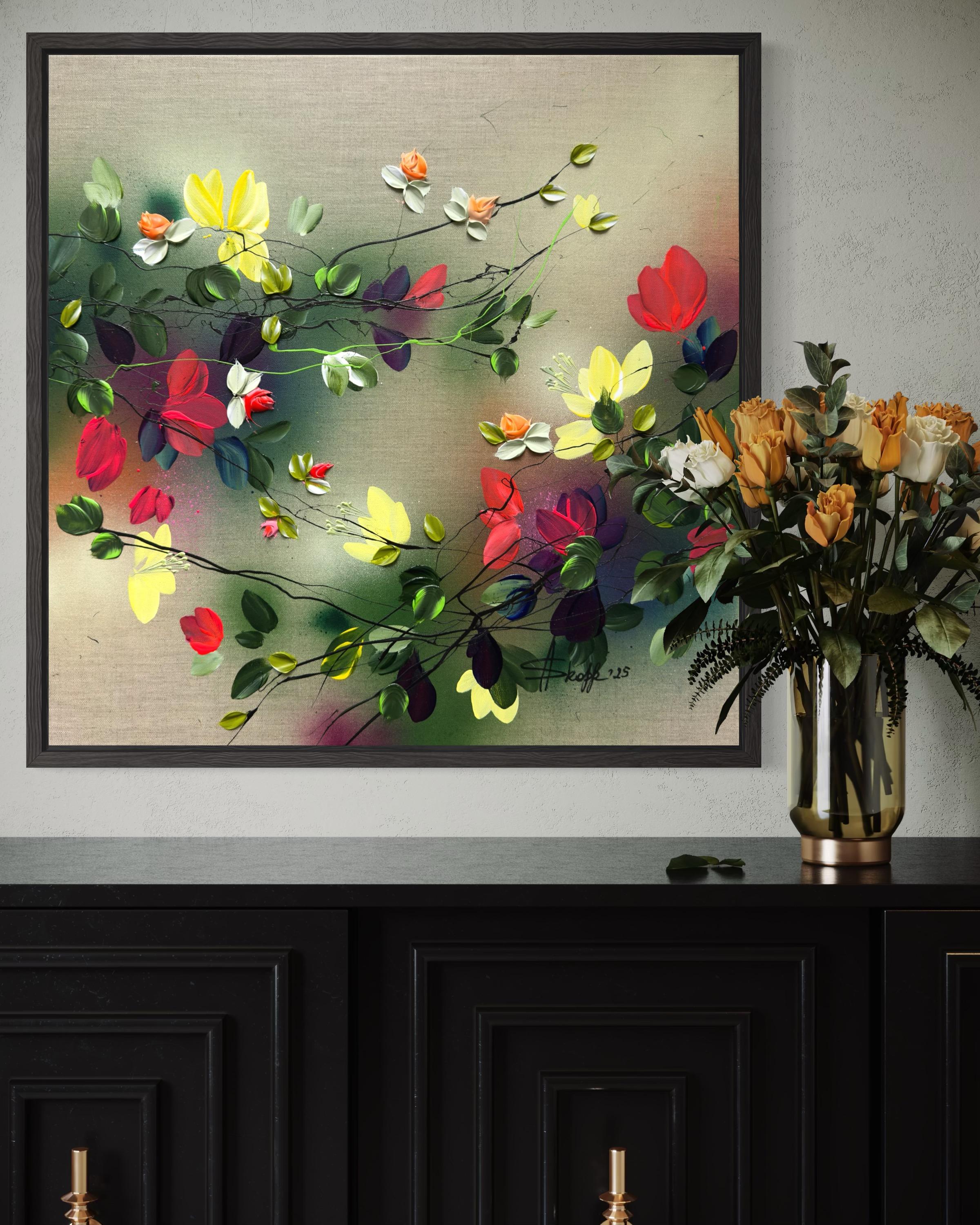 Scents of Autumn II -  impressionistic painting on linen canvas with 3d roses 6