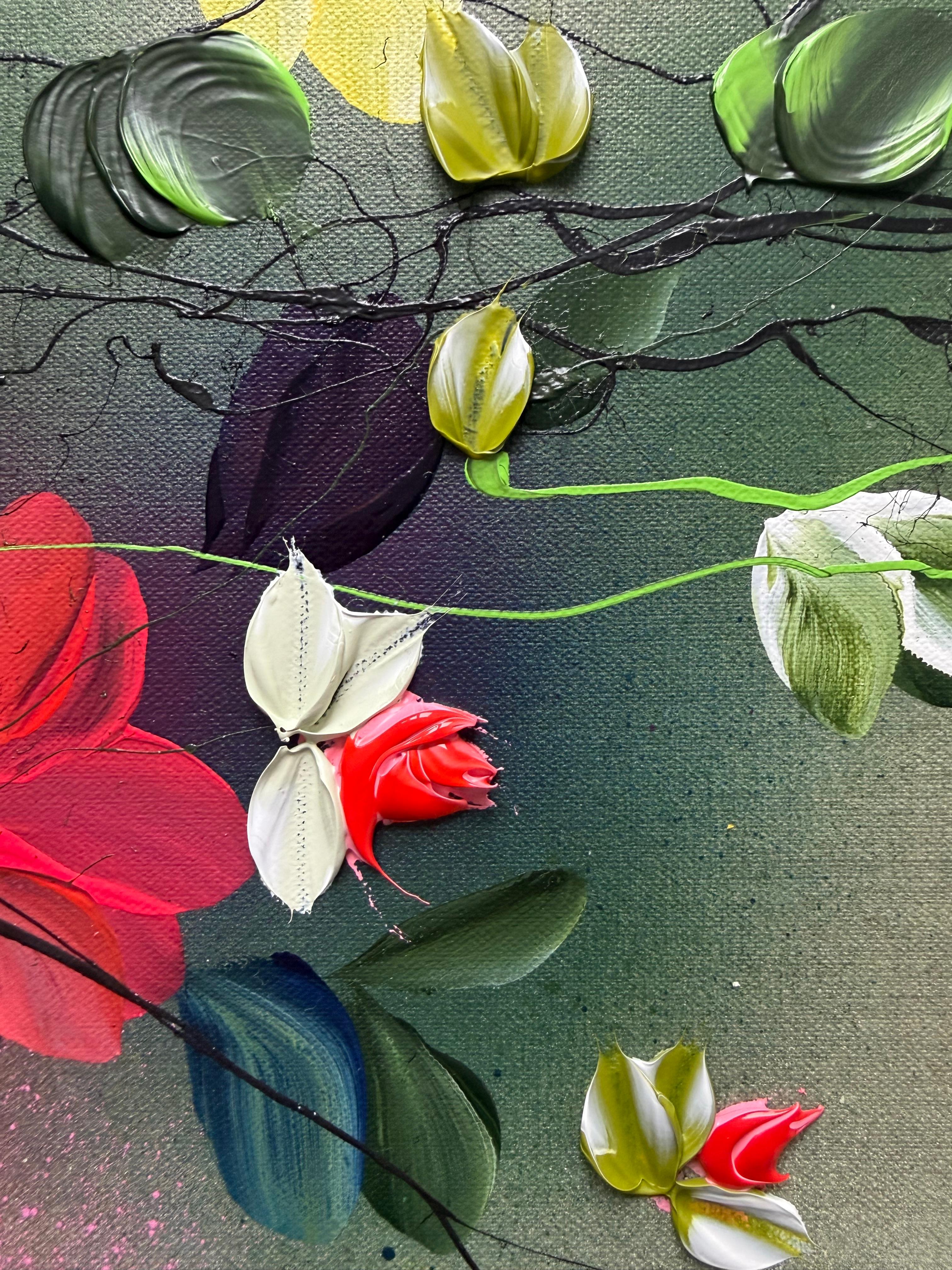 Scents of Autumn II -  impressionistic painting on linen canvas with 3d roses - Painting by Anastassia Skopp