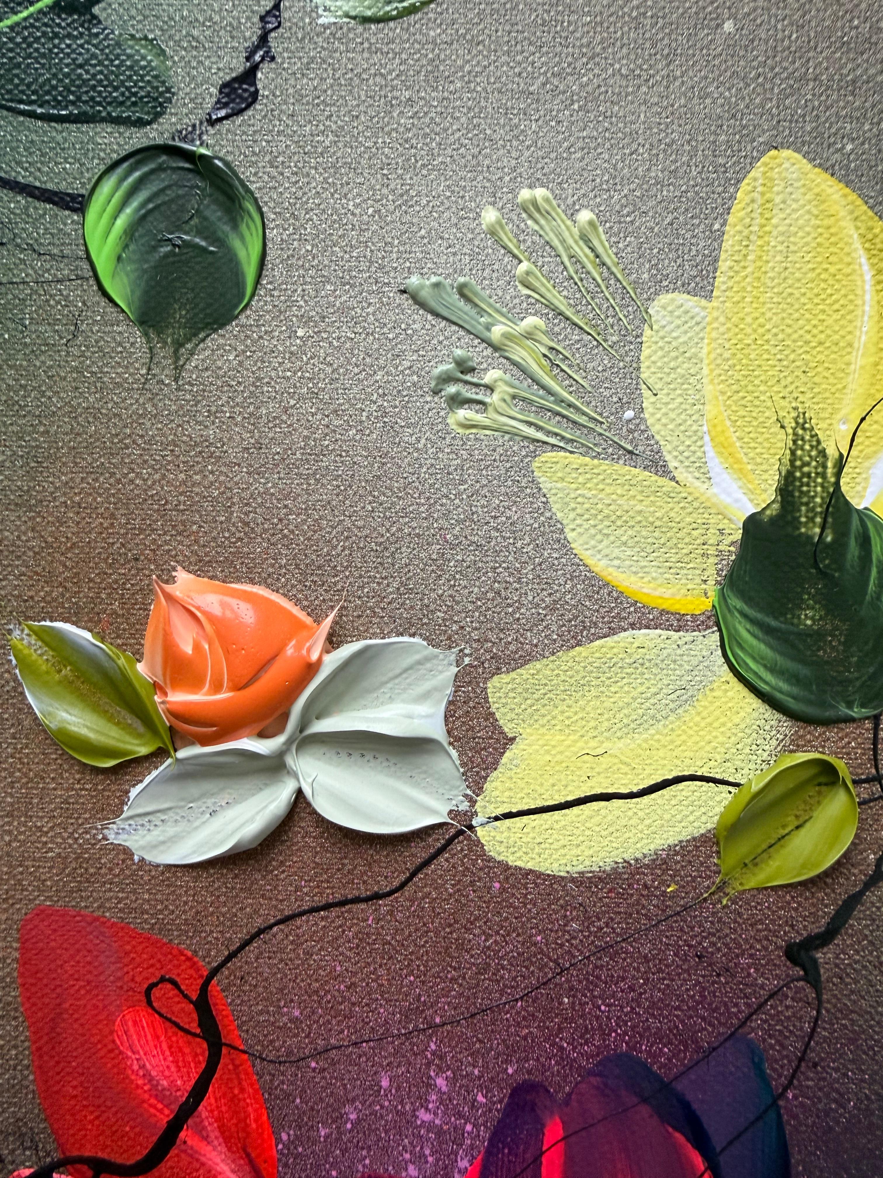 Scents of Autumn II -  impressionistic painting on linen canvas with 3d roses - Brown Figurative Painting by Anastassia Skopp