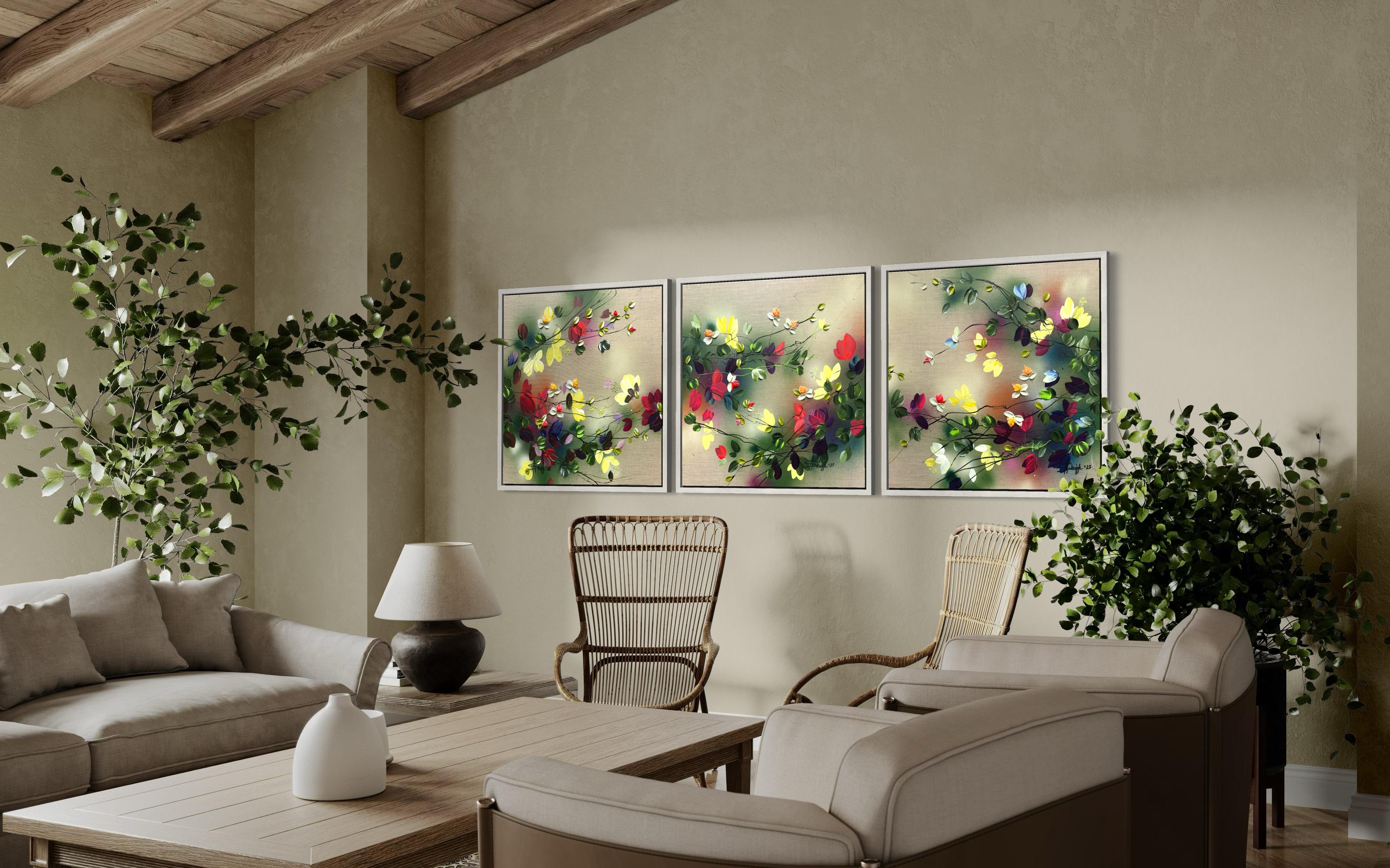 Scents of Autumn II -  impressionistic painting on linen canvas with 3d roses 3