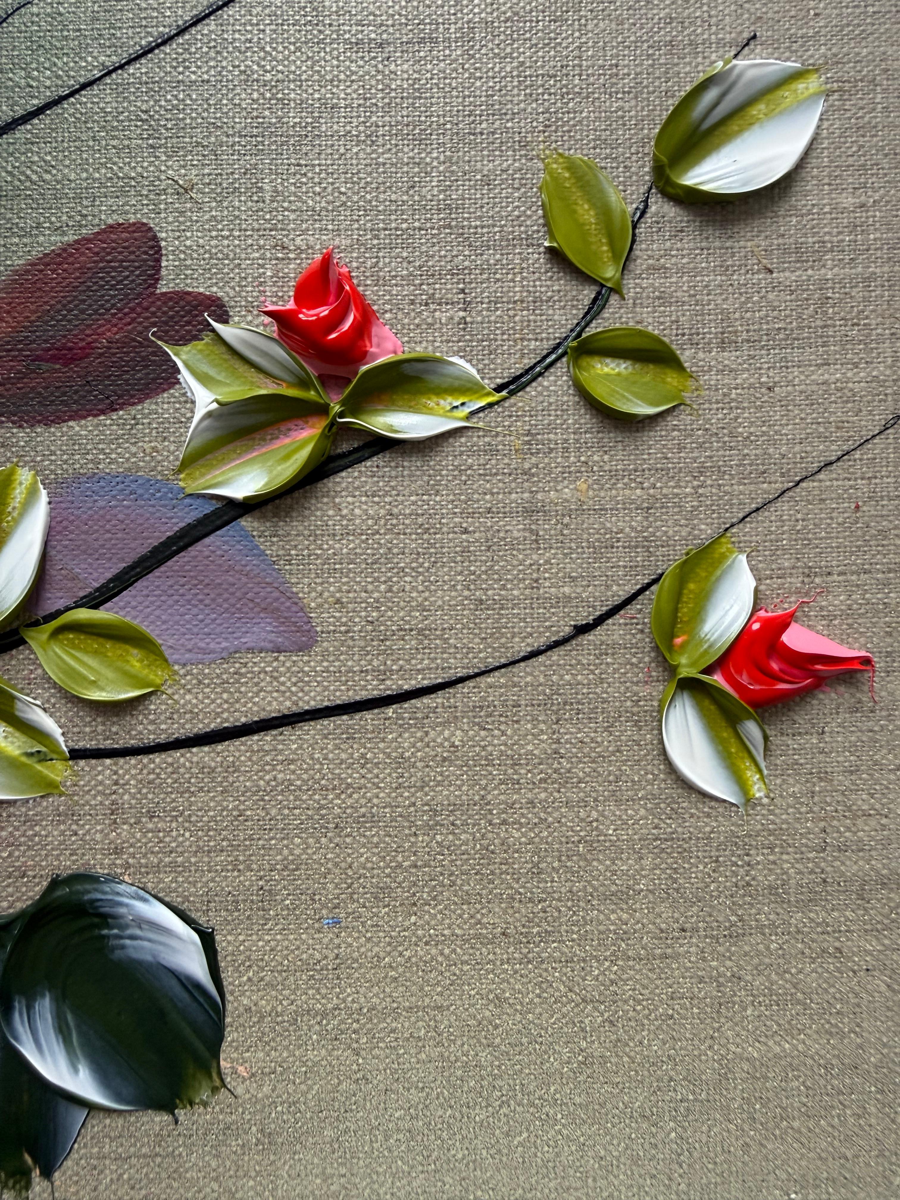 Scents of Autumn III -  impressionistic painting on linen canvas with 3d roses For Sale 5