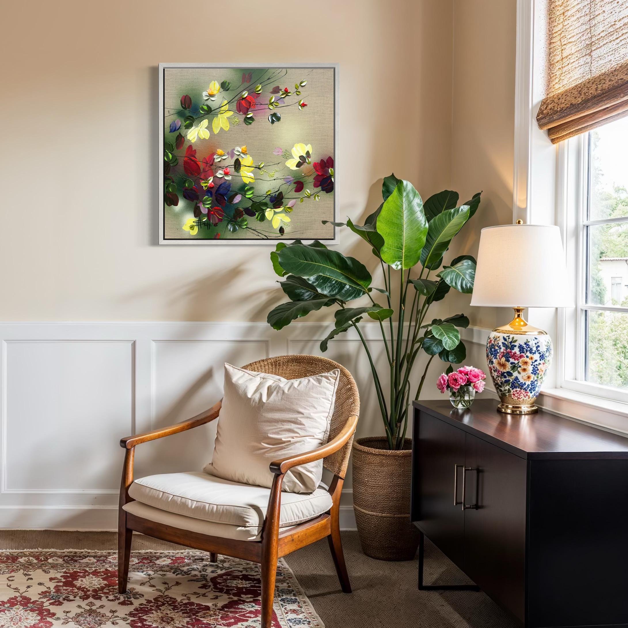 Scents of Autumn III -  impressionistic painting on linen canvas with 3d roses For Sale 8