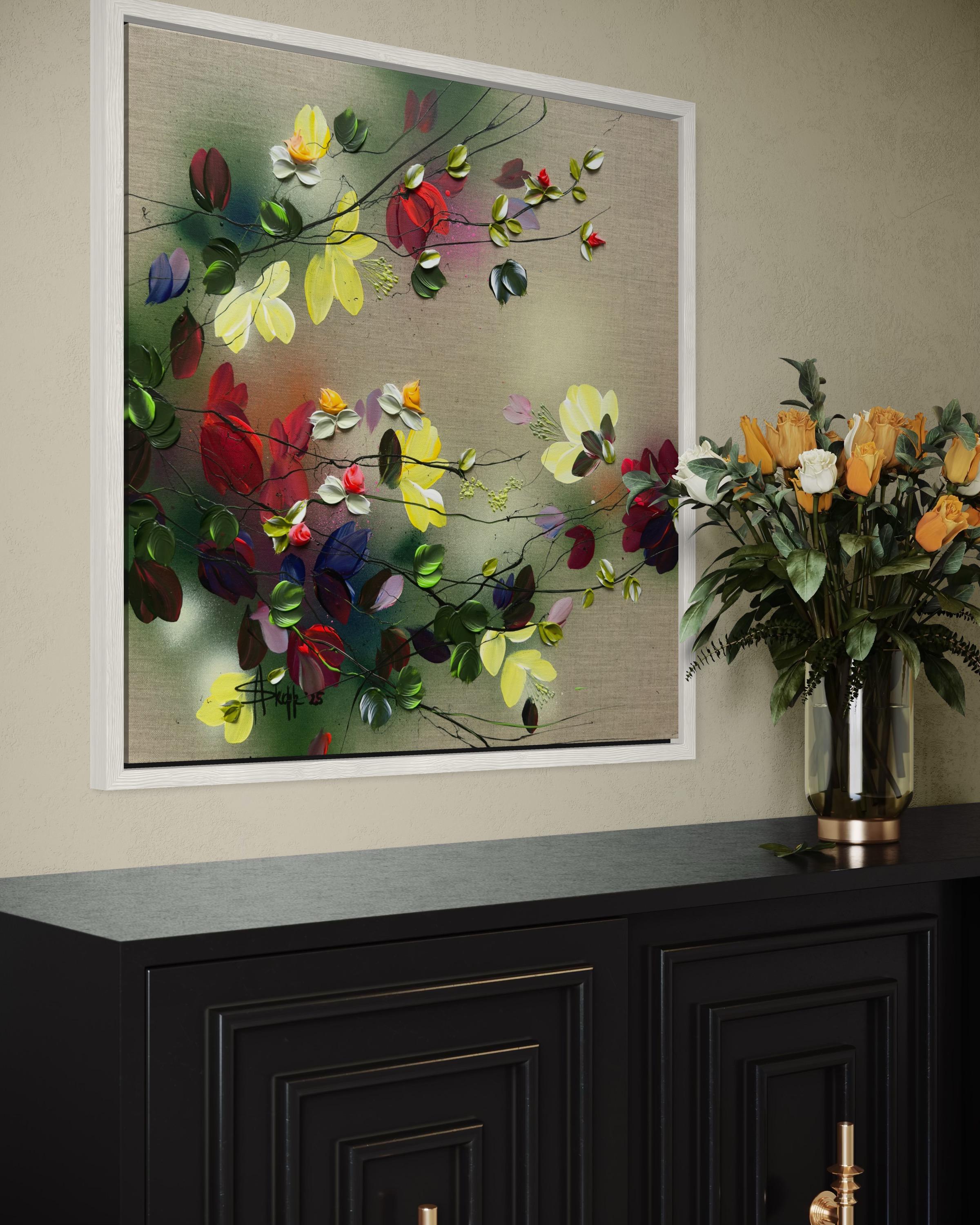 Scents of Autumn III -  impressionistic painting on linen canvas with 3d roses For Sale 9