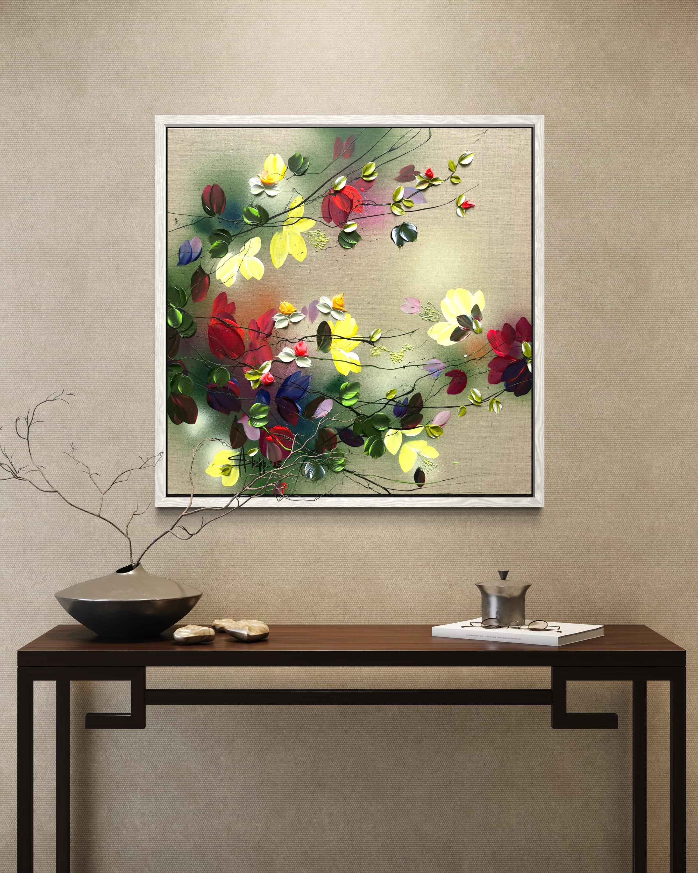 Scents of Autumn III -  impressionistic painting on linen canvas with 3d roses For Sale 10