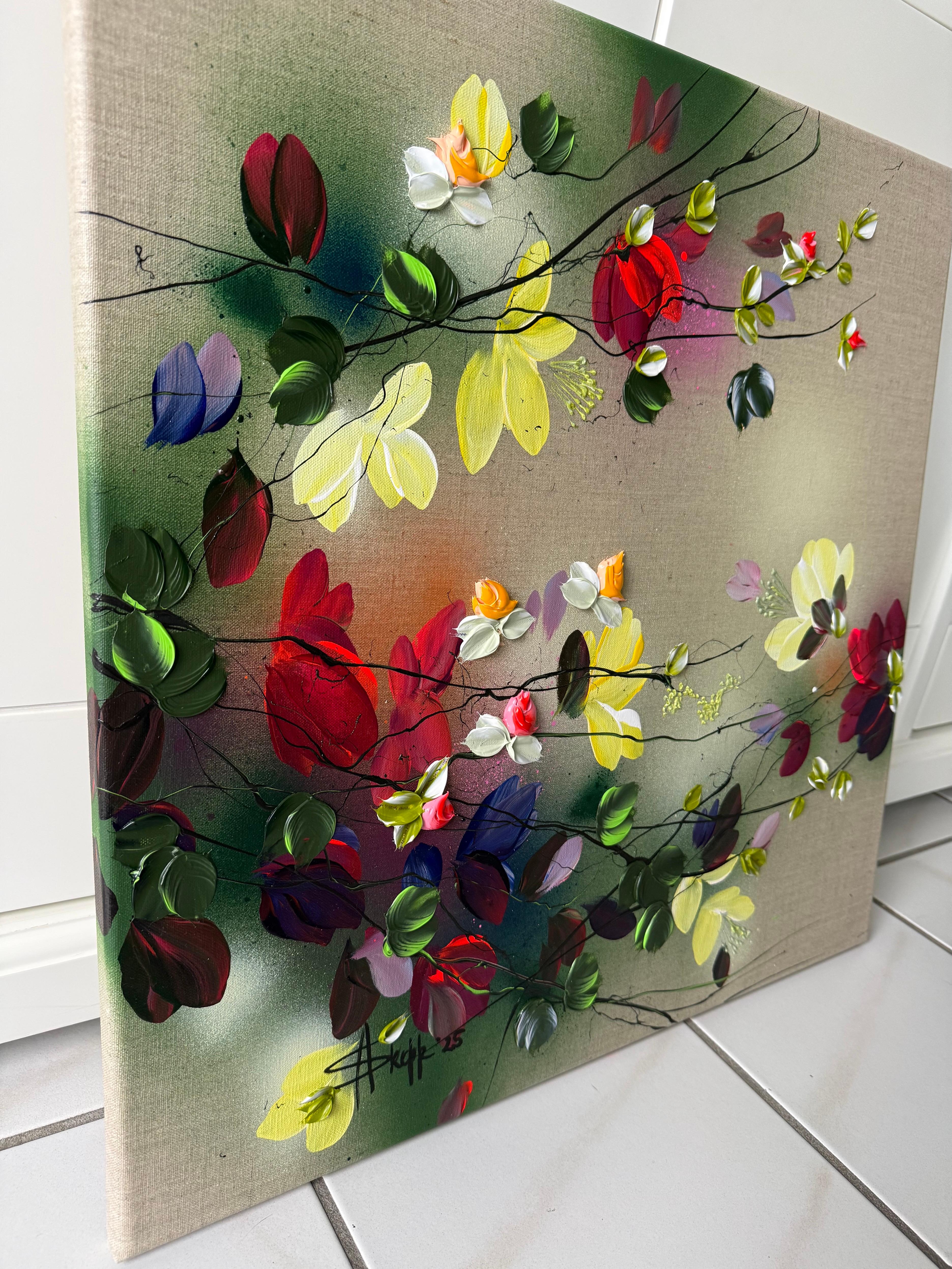 Scents of Autumn III -  impressionistic painting on linen canvas with 3d roses - Painting by Anastassia Skopp