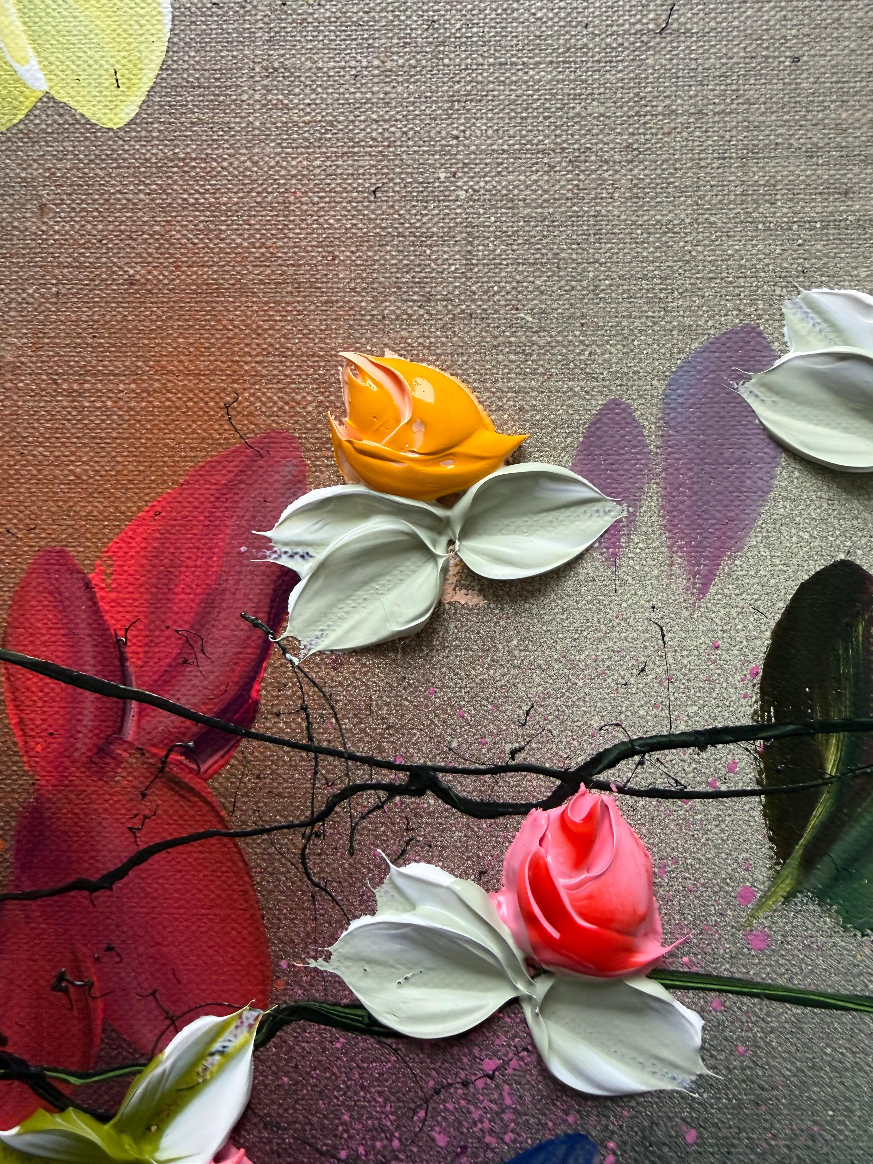 Scents of Autumn III -  impressionistic painting on linen canvas with 3d roses - Abstract Impressionist Painting by Anastassia Skopp