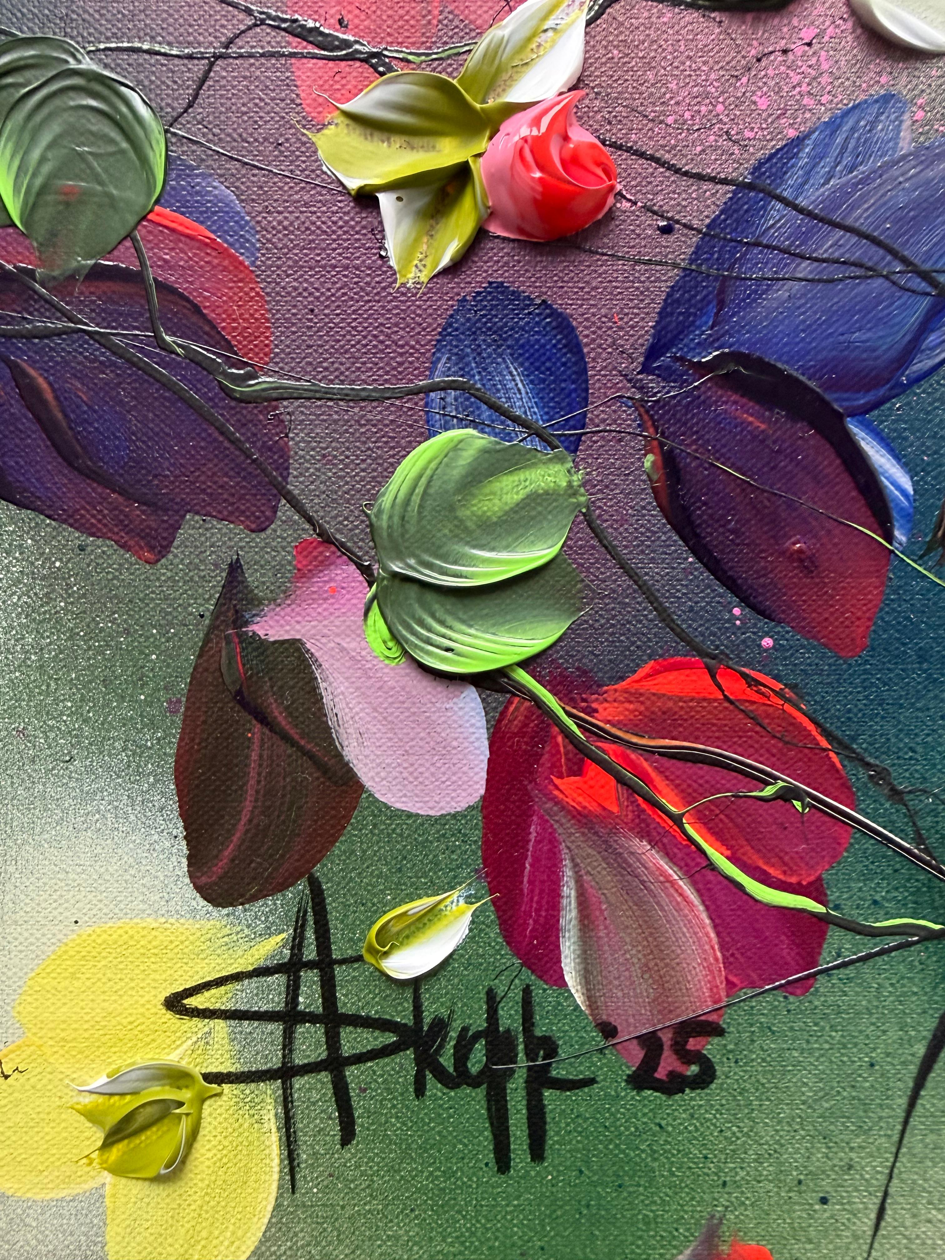 Scents of Autumn III -  impressionistic painting on linen canvas with 3d roses - Brown Figurative Painting by Anastassia Skopp